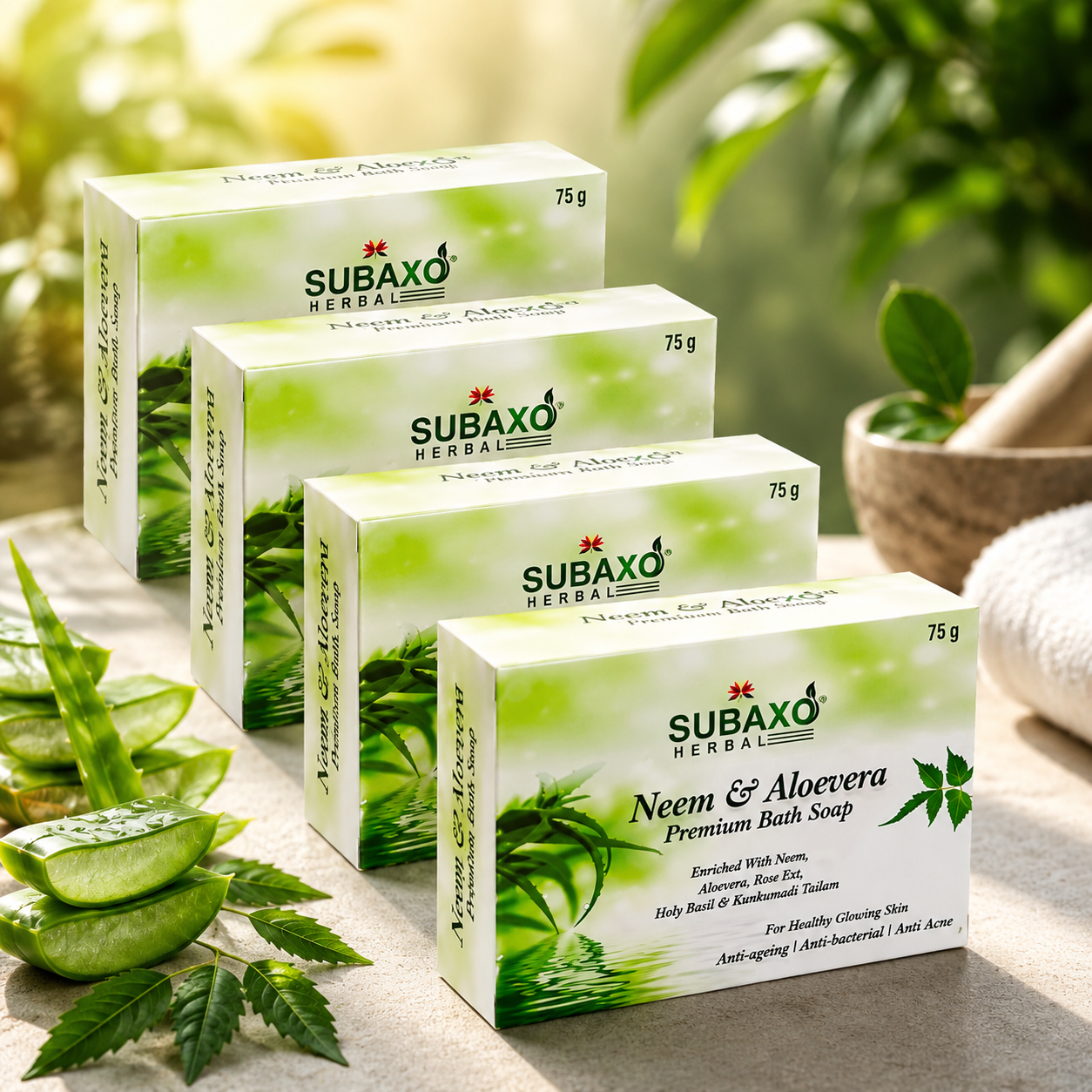 SUBAXO Neem & Aloevera Bath Soap Premium Bath Soap for Glowing Skin Anti Acne & Pimple Fighting Soap (5*75g Each, Pack Of 5)
