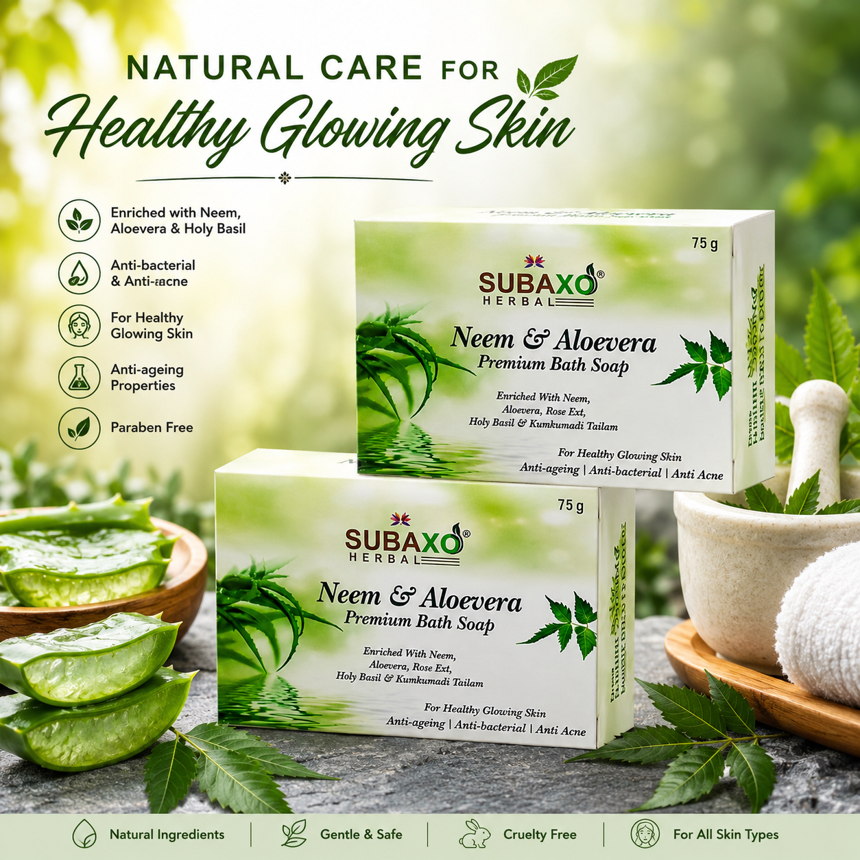 SUBAXO Neem & Aloevera Bath Soap Premium Bath Soap for Glowing Skin Anti Acne & Pimple Fighting Soap (75g Each, Pack Of 2)