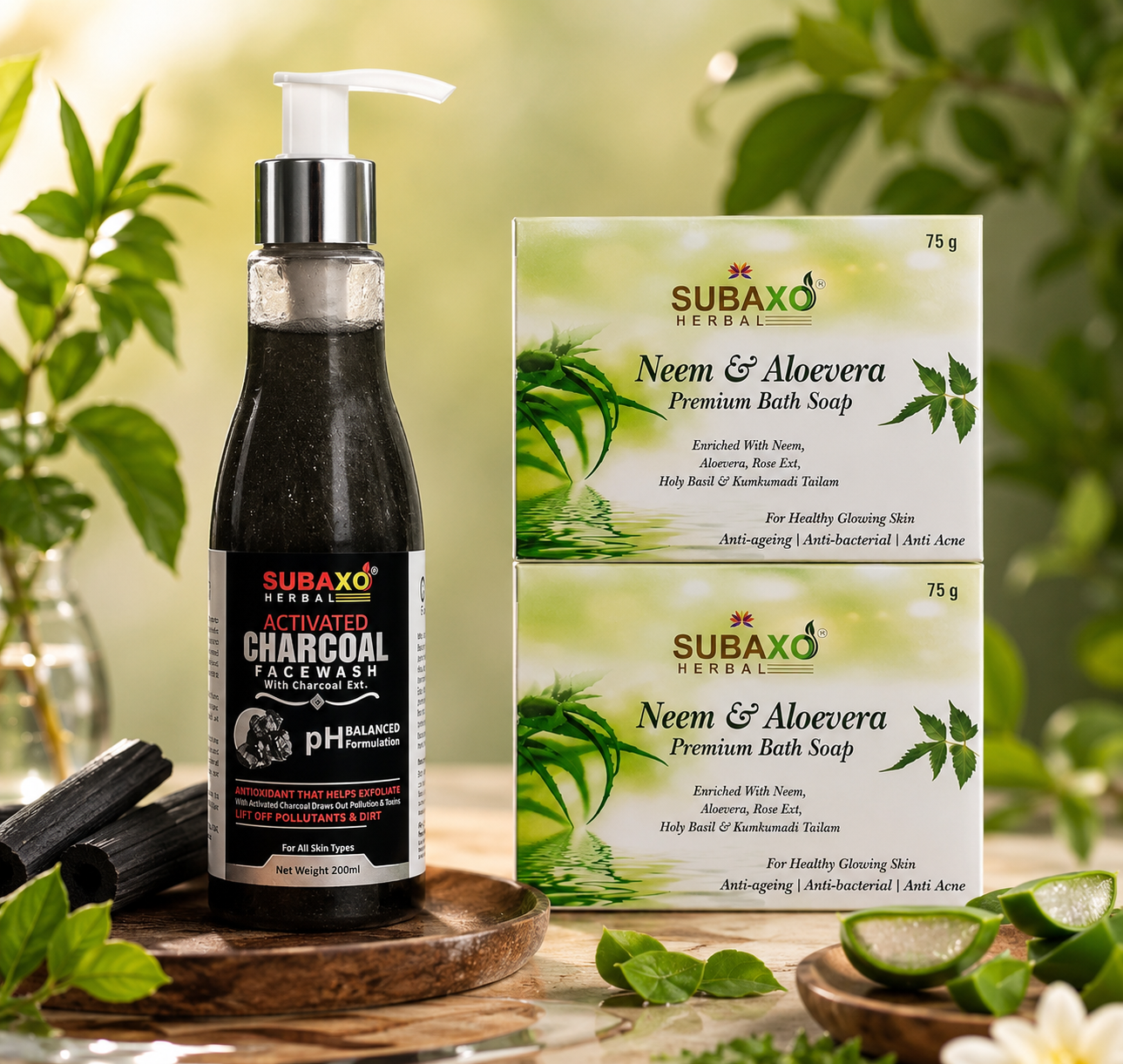 Subaxo Herbal Neem & Aloevera Bath Soap, Neem Soap (75 gm Each, Pack Of 2) & Activated Charcoal Face Wash,Herbal Face Wash,Anti Pollution,Deep Cleansing Face Wash (200ml} Combo Pack