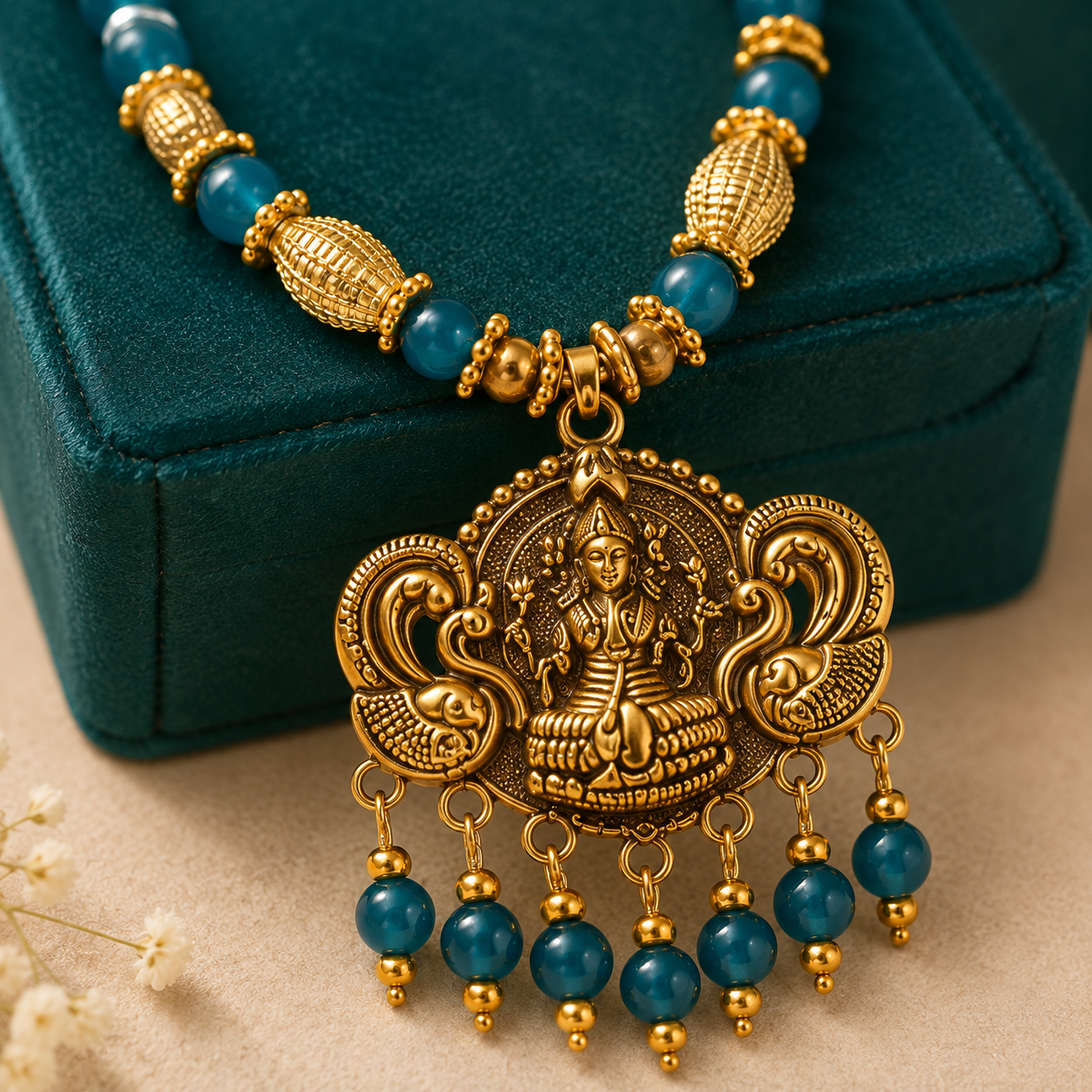 Designer Glass Beads Mala with Lakshmi Pendant