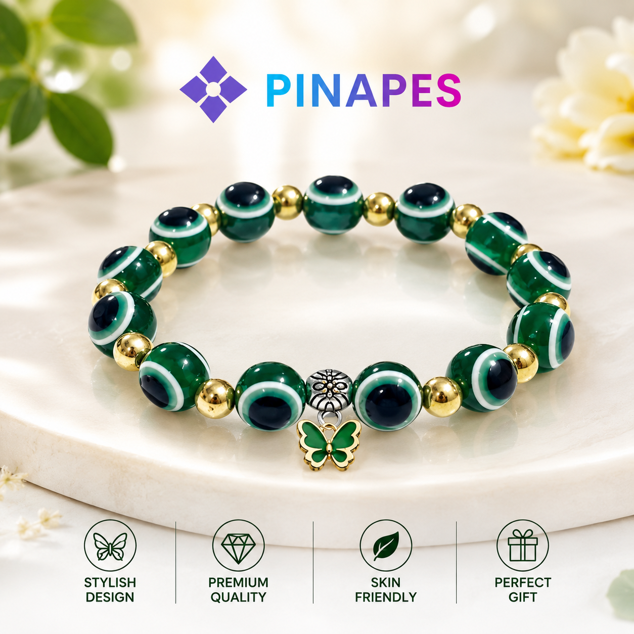 "Pinapes Artisanal Beaded Bracelet with Tiny Butterfly Charms
