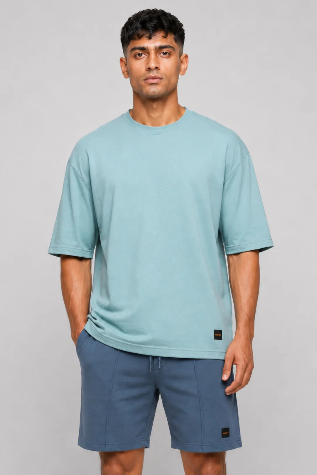 HUSTLE Men's Crew Neck Oversized Tees - Dull Blue