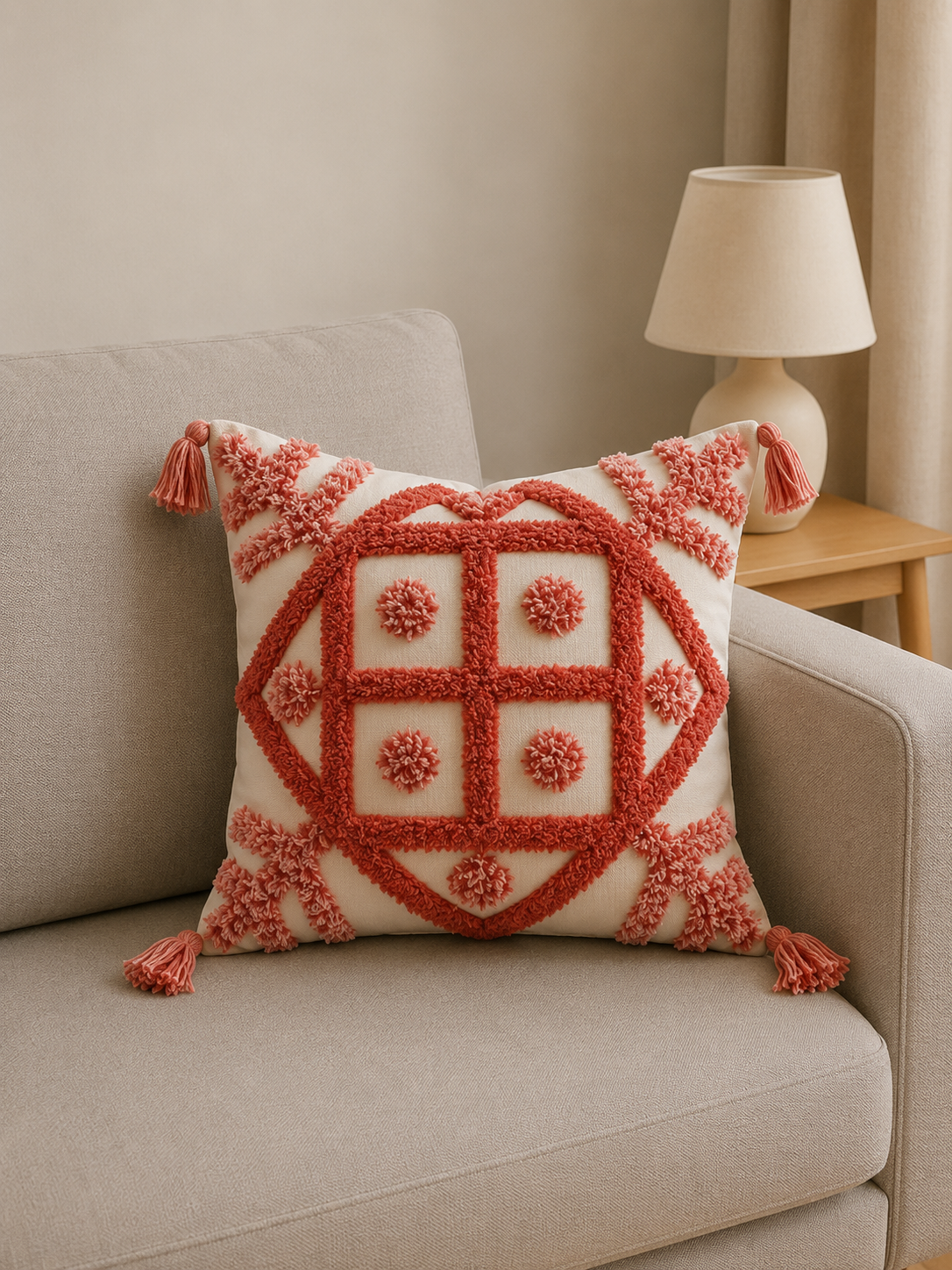 Tufted Cotton Cushion Cover 16x16 Inches Set Of 2 – Pink | Soft Decorative Sofa Pillow Cover with Hidden Zipper