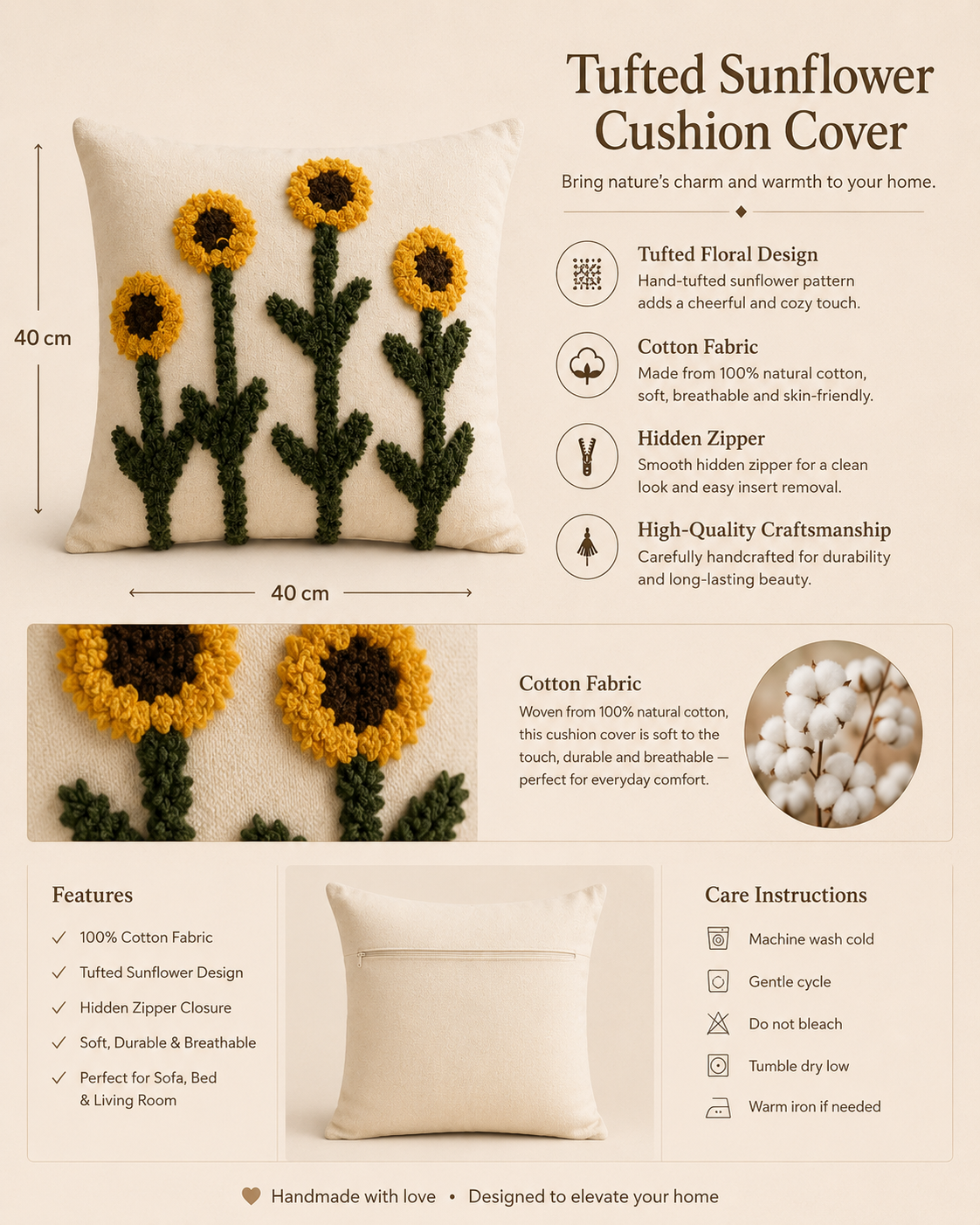 Tufted Cotton Cushion Cover 16x16 Inches Set Of 2 – White | Soft Decorative Sofa Pillow Cover with Hidden Zipper