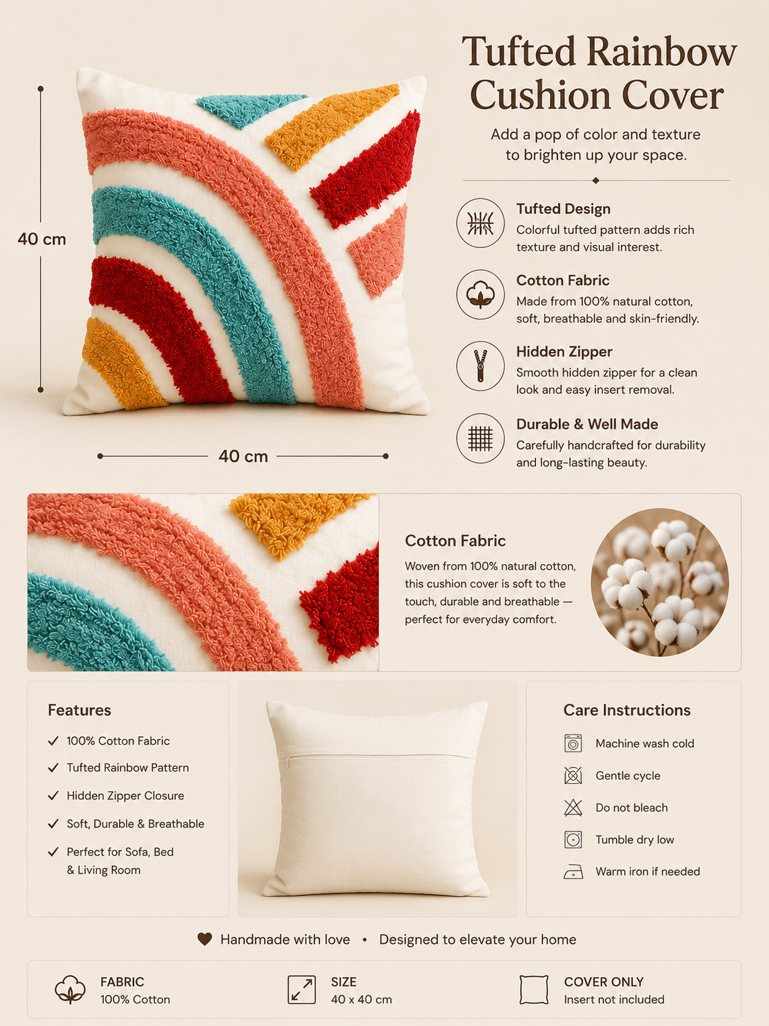 Tufted Cotton Cushion Cover 16x16 Inches Set Of 2 – Multicolor | Soft Decorative Sofa Pillow Cover with Hidden Zipper