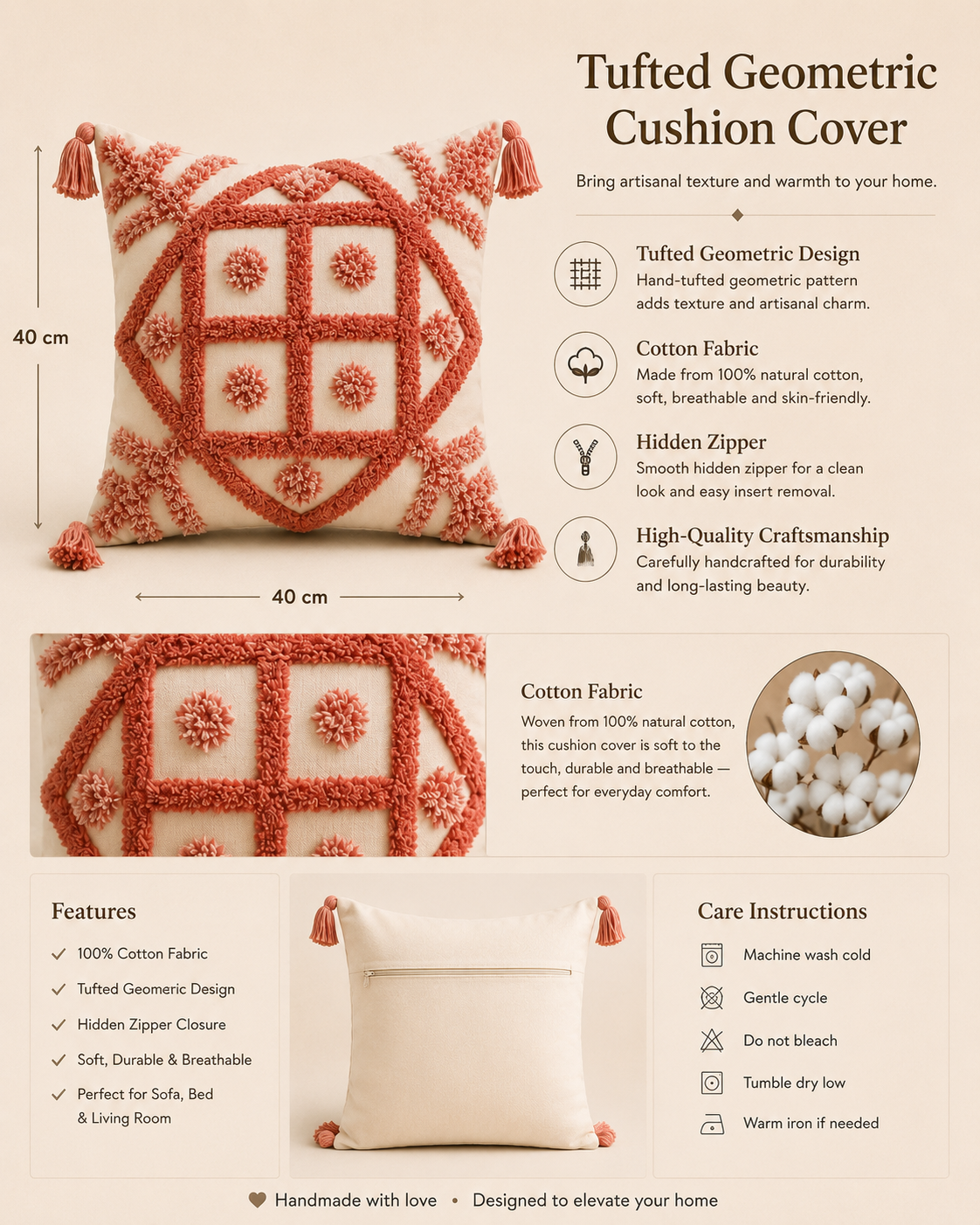Tufted Cotton Cushion Cover 16x16 Inches Set Of 2 – Pink | Soft Decorative Sofa Pillow Cover with Hidden Zipper