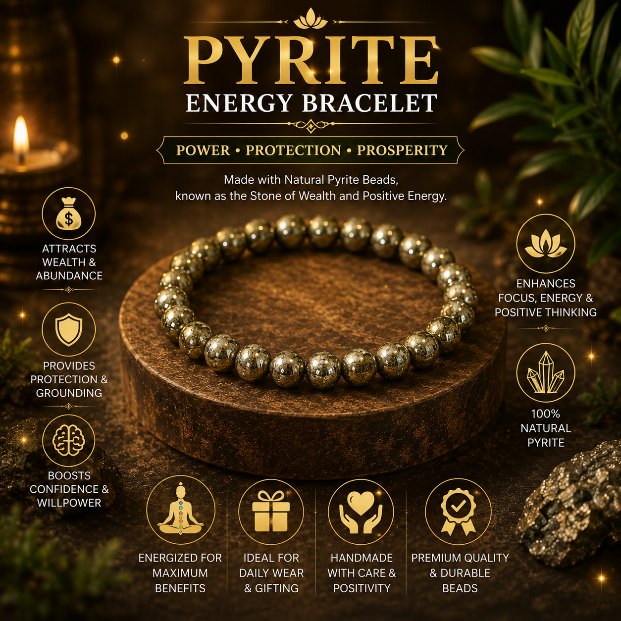 Natural Pyrite Stone Energy Bracelet for Wealth, Protection & Positive Energy – Stretchable Crystal Beaded Bracelet for Men & Women