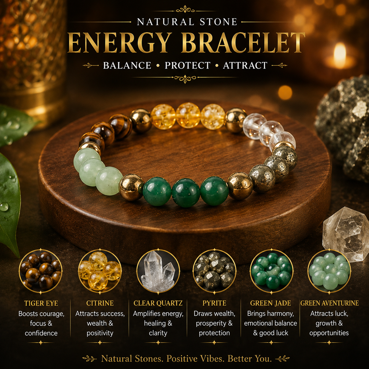 Money Magnet Crystal Bracelet for Wealth, Success & Positive Energy – Natural Gemstone Stretch Bracelet for Men & Women