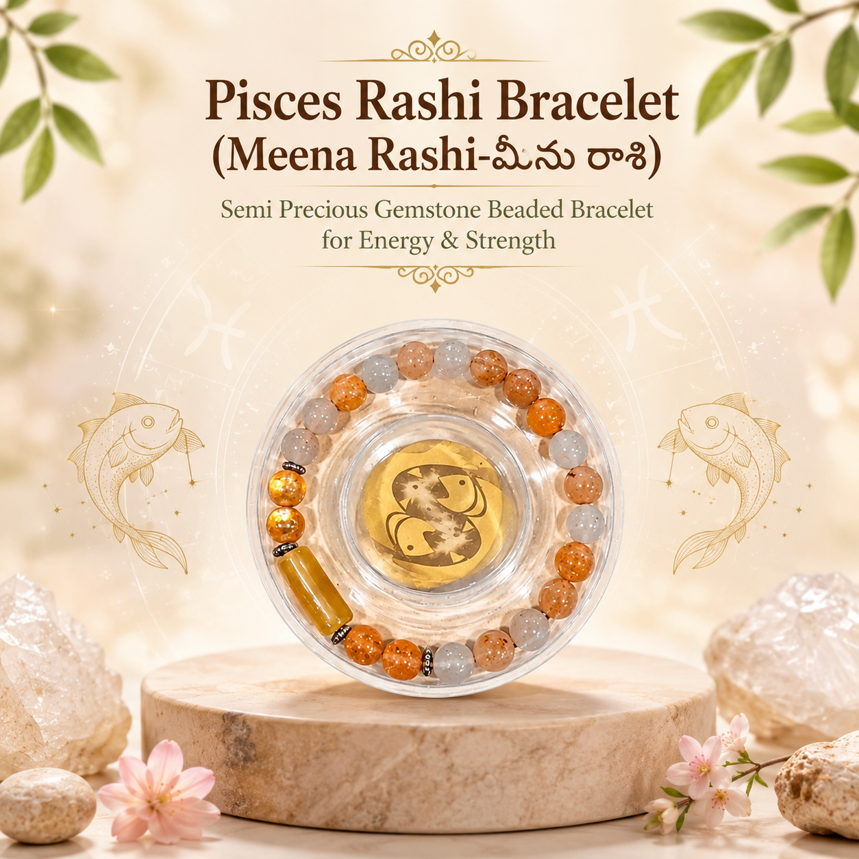 Pisces Rashi Bracelet (Meena Rashi-మీనా రాశి)– Semi Precious Gemstone Beaded Bracelet for Energy & Strength
