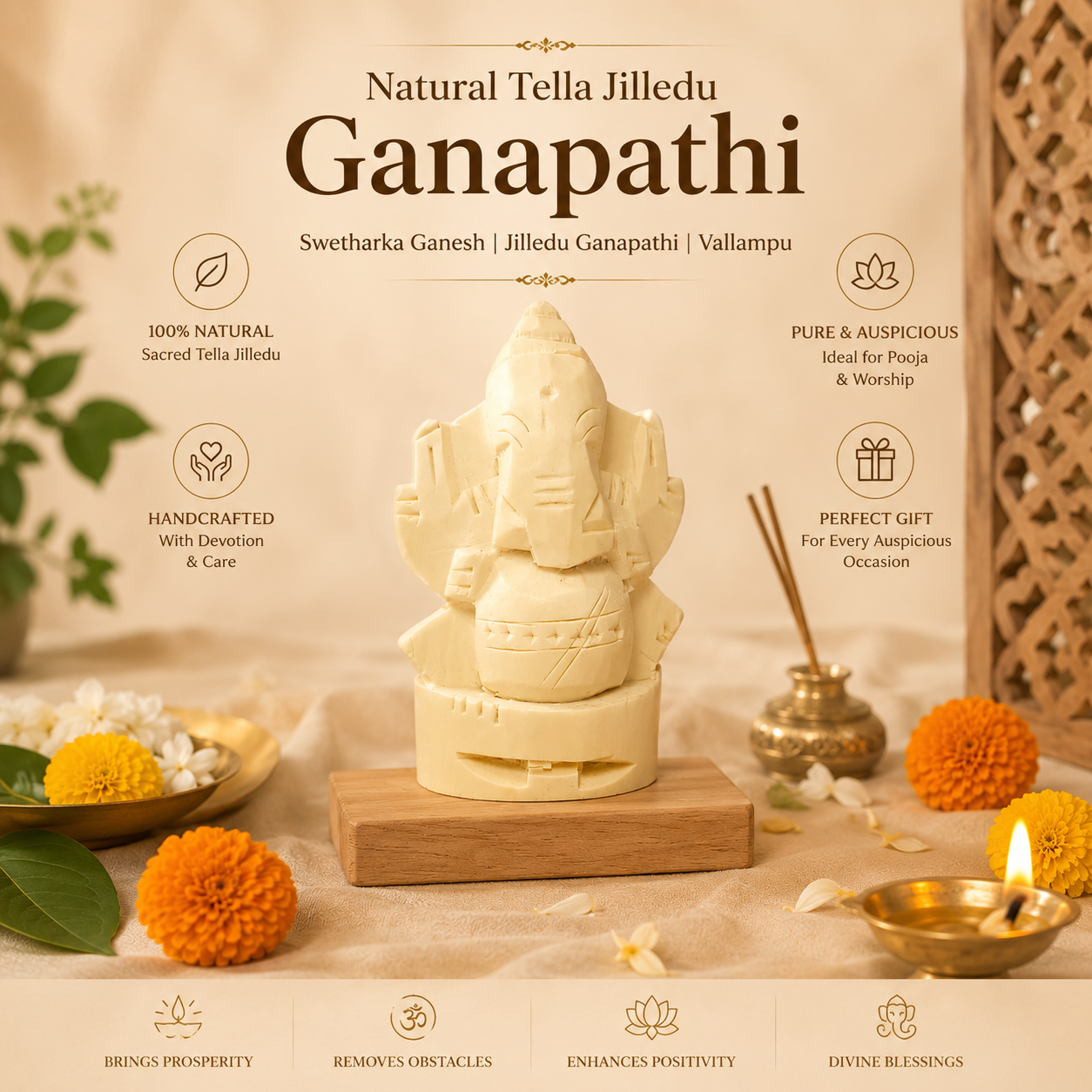 Natural Tella Jilledu Ganapathi - Swetharka Ganesh - Jilledu Ganapathi - Vallampuri Vinayakar - (Wood)