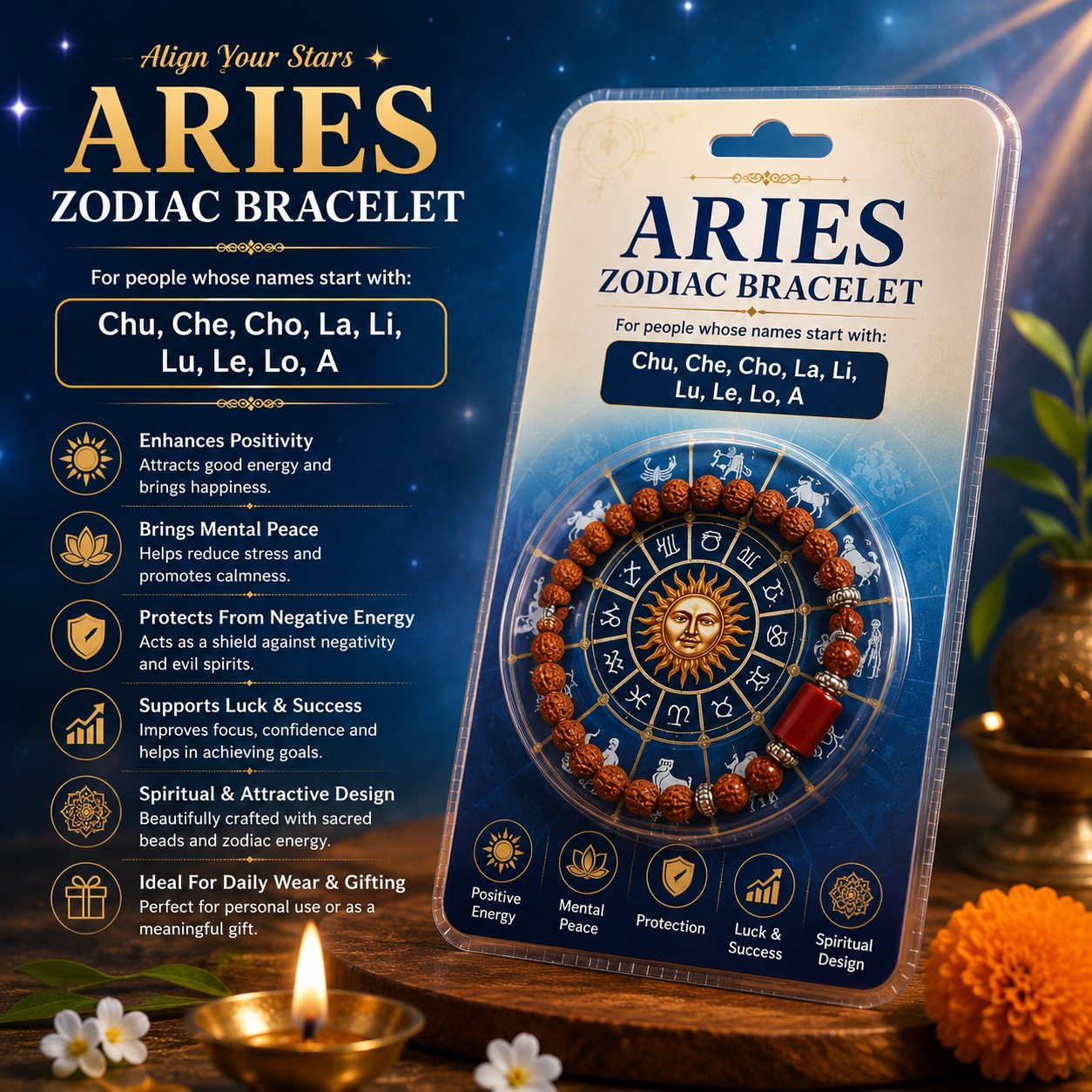 Aries Rashi Rudraksha Bracelet (Mesh Rashi-మేష రాశి) – Energy, Courage & Spiritual Protection Band