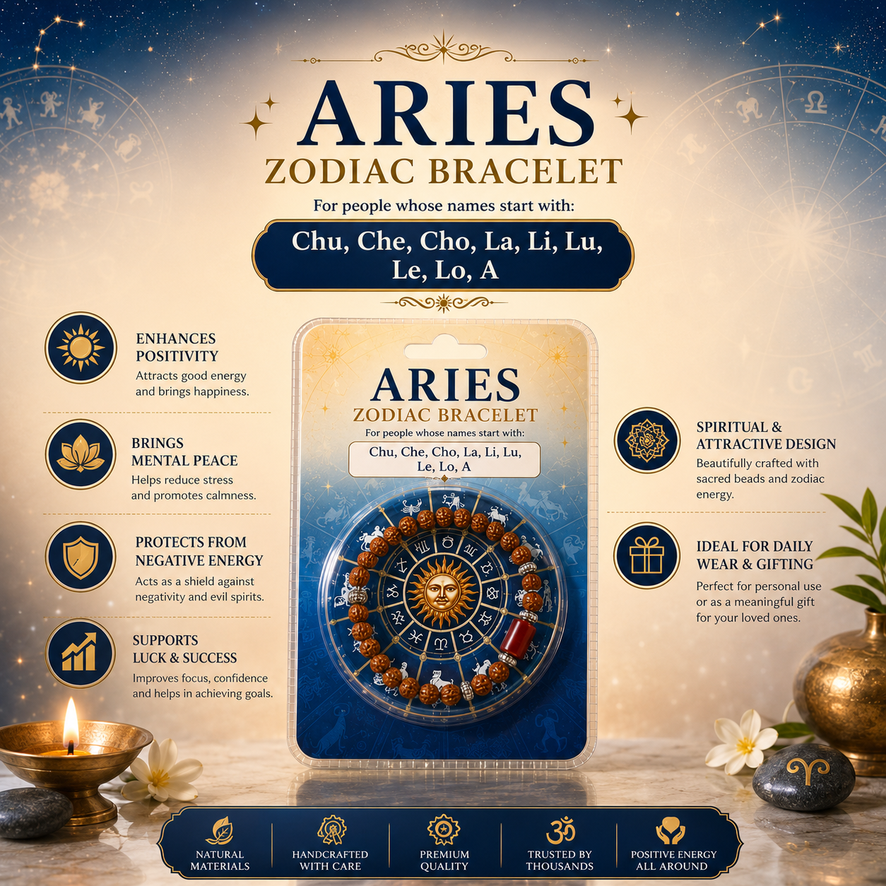 Aries Rashi Rudraksha Bracelet (Mesh Rashi-మేష రాశి) – Energy, Courage & Spiritual Protection Band
