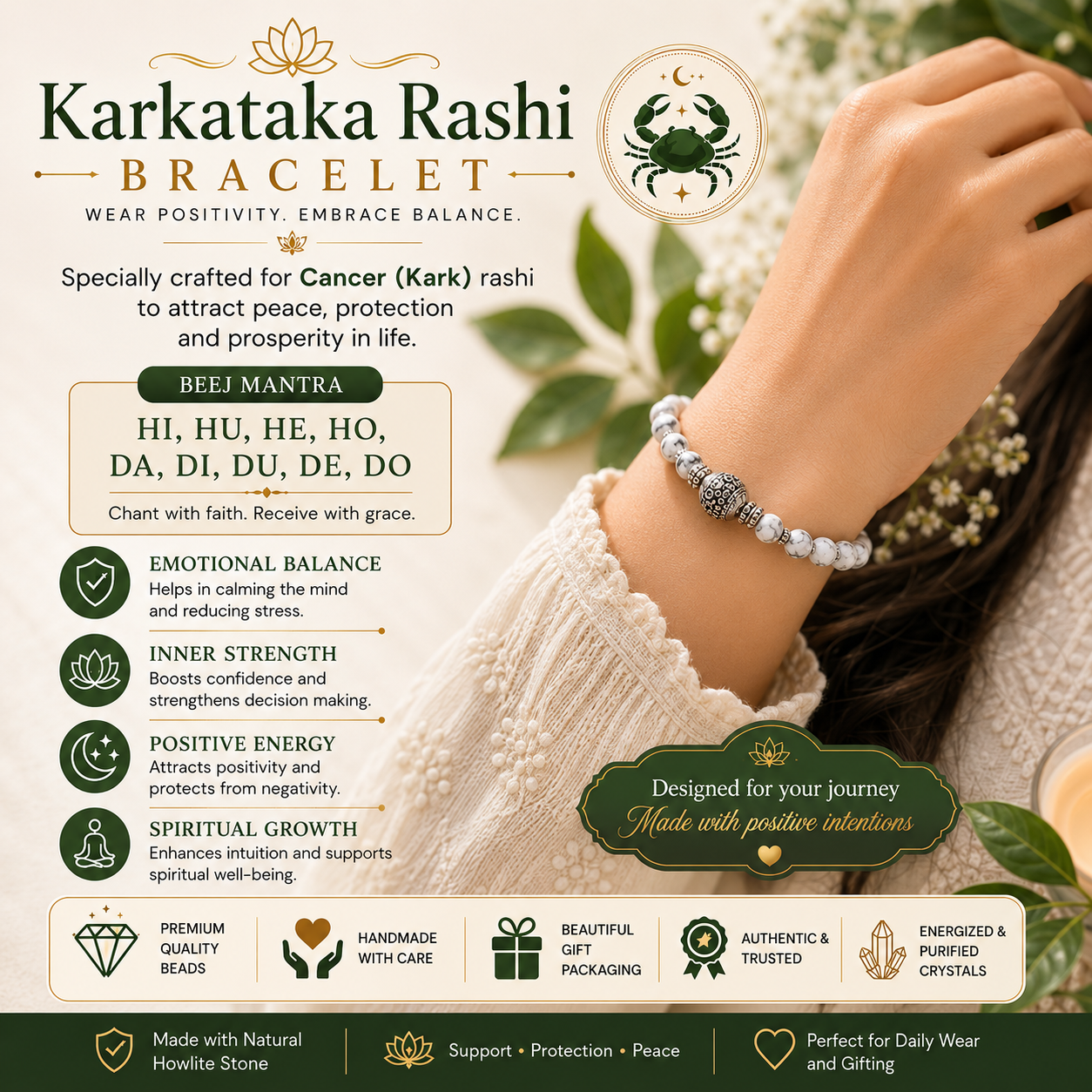 CancerRashi Bracelet (Karkataka Rashi-కర్కాటక రాశి)– Semi Precious Gemstone Beaded Bracelet for Energy, Strength & Positivity