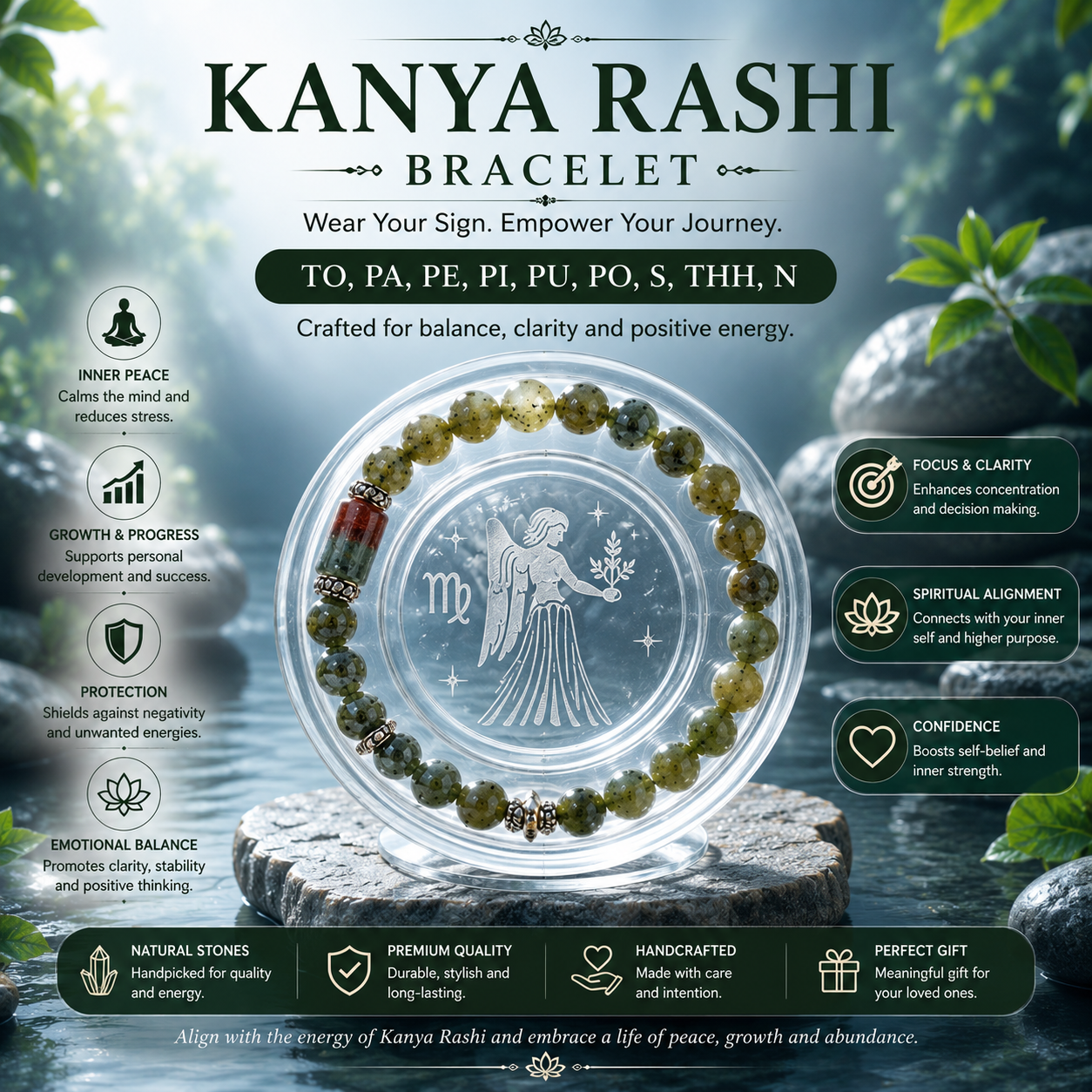 VIRGO RASHI BRACELET (KANYA RASHI-కన్య రాశి)– Semi Precious Gemstone Beaded Bracelet for Energy, Strength & Positivity