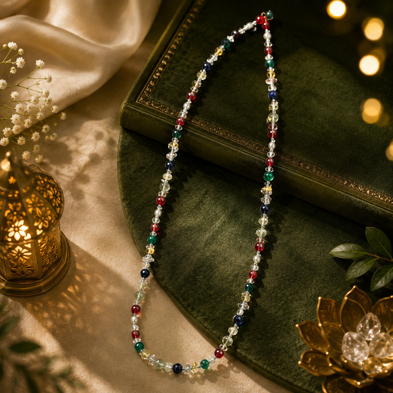 Navaratna Mala – Sacred Nine Gemstone Beaded Necklace with Traditional Gold-Tone Pendant for Astrology & Spiritual Balance