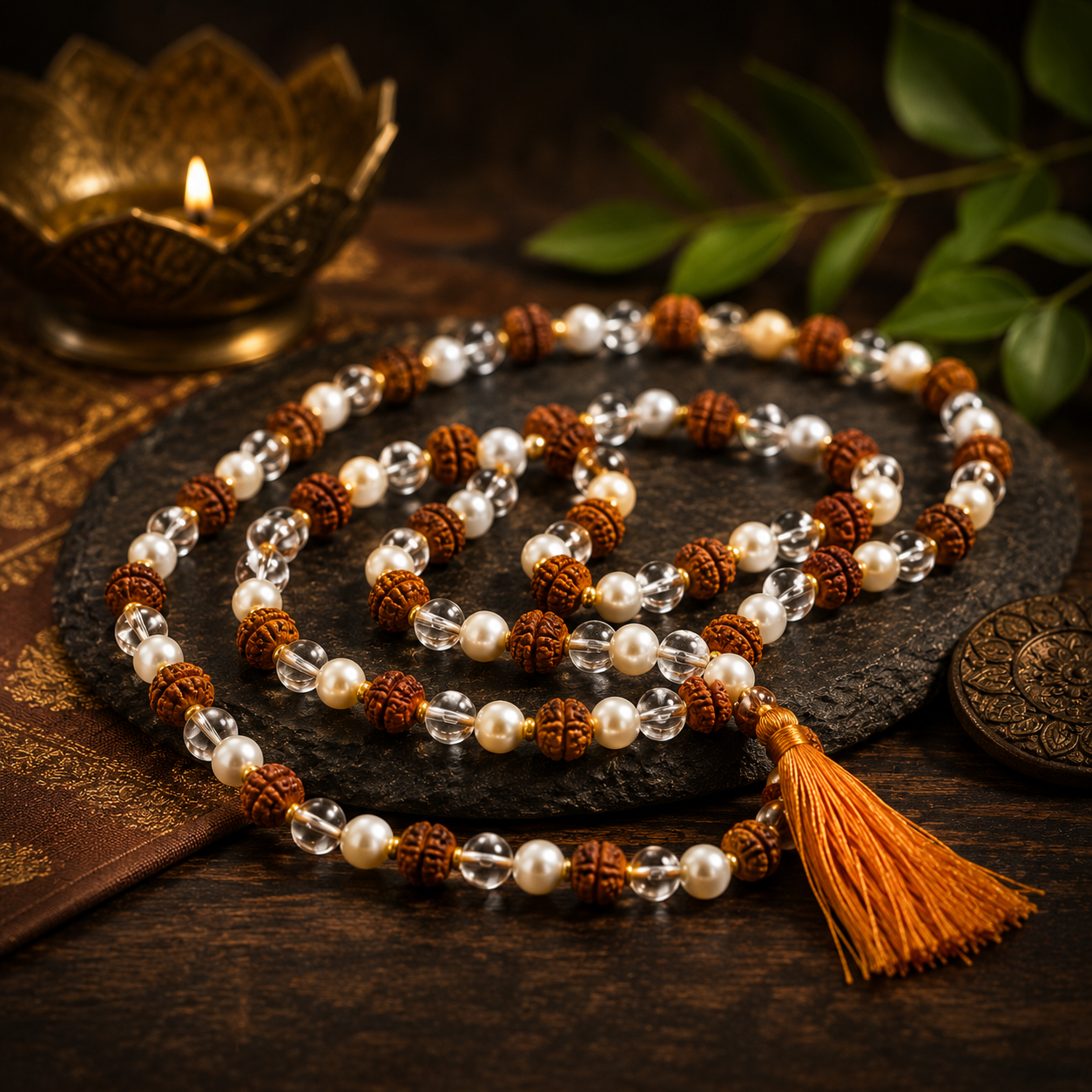 Rudraksha Moti Spatikam Mala (Pearl, Crystal & Rudraksha Necklace)