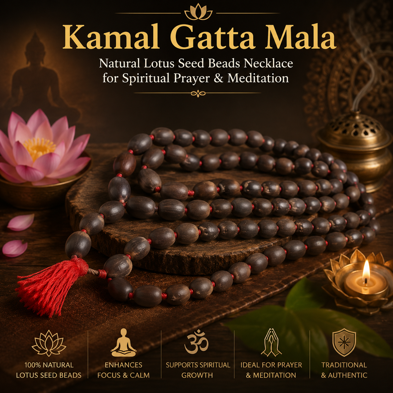 Kamal Gatta Mala – Natural Lotus Seed Beads Necklace for Spiritual Prayer & Meditation