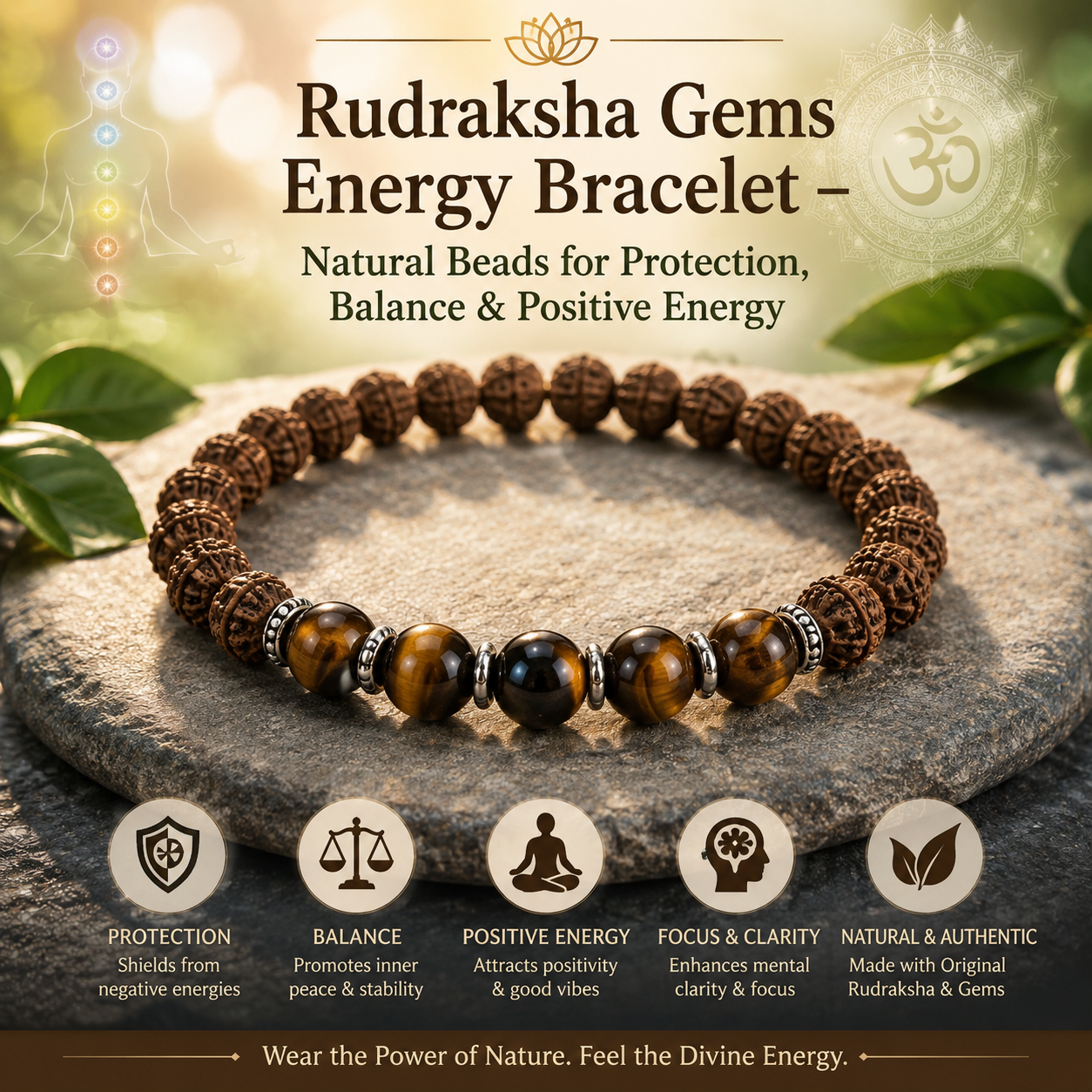 Rudraksha Gems Energy Bracelet – Natural Beads for Protection, Balance & Positive Energy