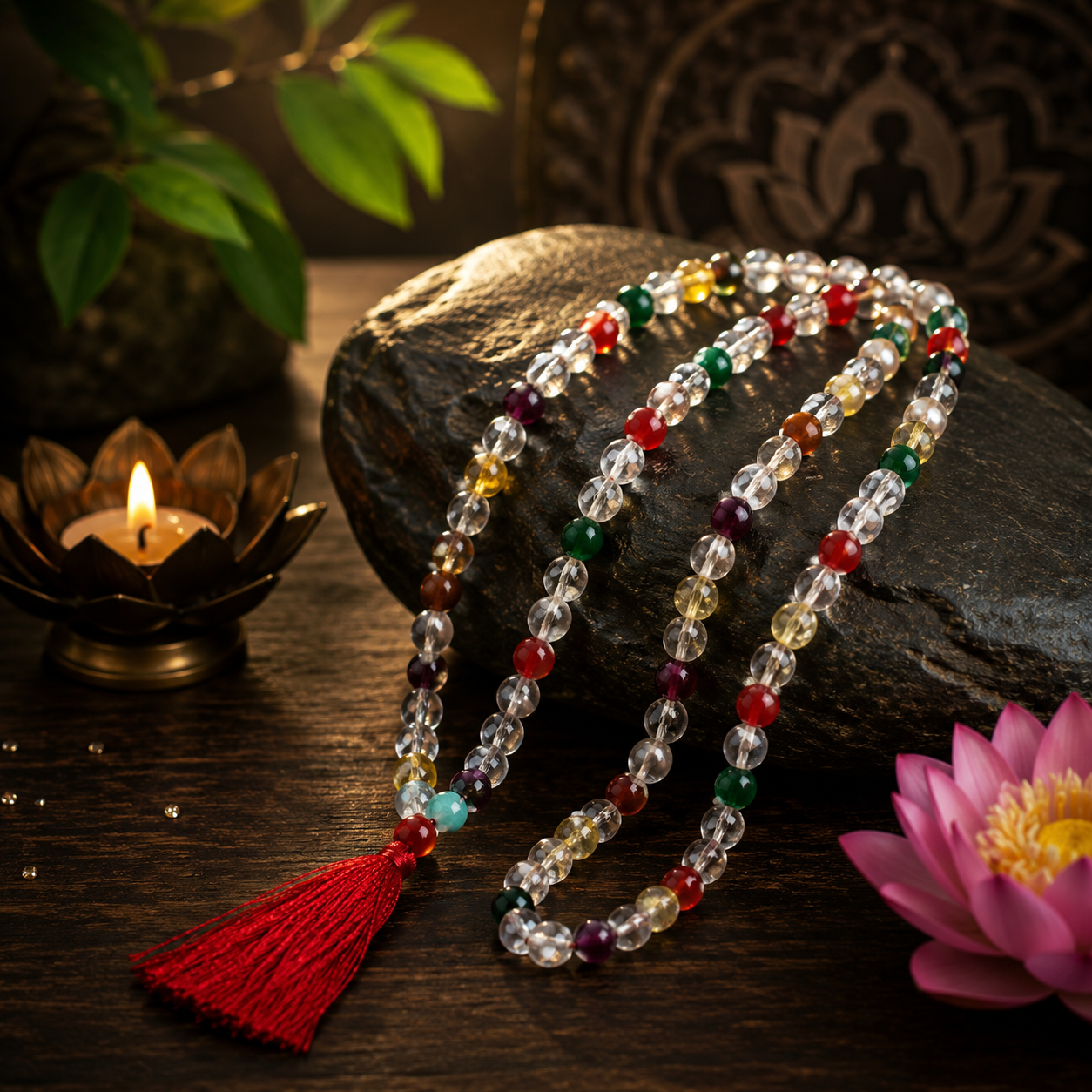 Navaratnam Spatikam Mala – Crystal Quartz Beads with Nine Gemstone Pendant for Astrology & Spiritual Balance