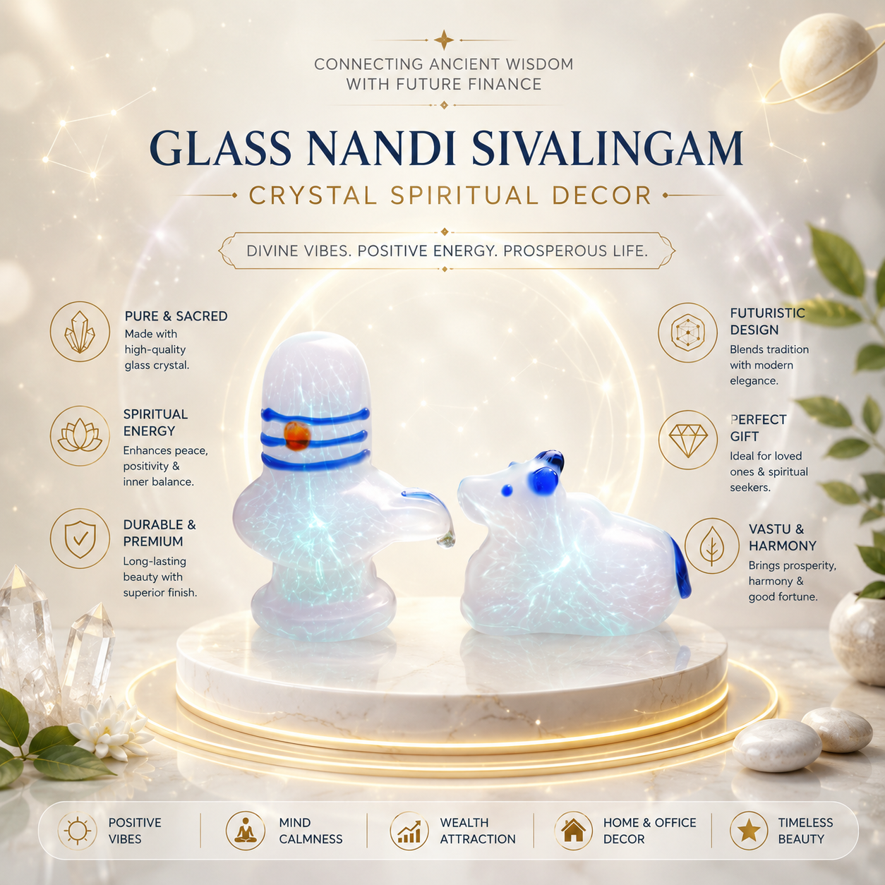 Glass Nandi Sivalingam – Transparent Crystal Shiva Lingam with Nandi for Pooja, Vastu & Spiritual Decor