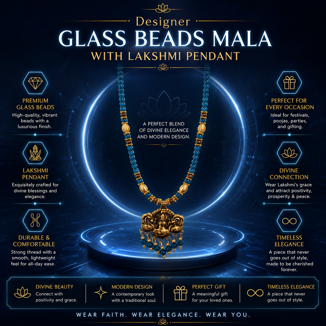 Designer Glass Beads Mala with Lakshmi Pendant