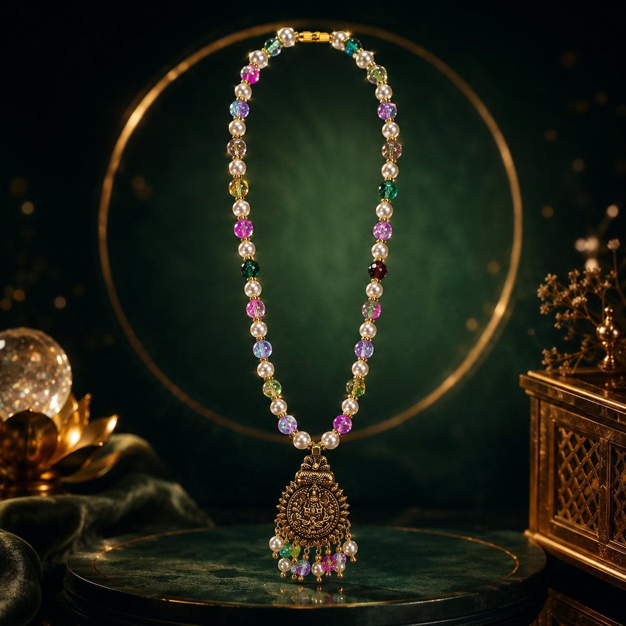 Multicolor Glass Beaded Necklace with Gold Pendant