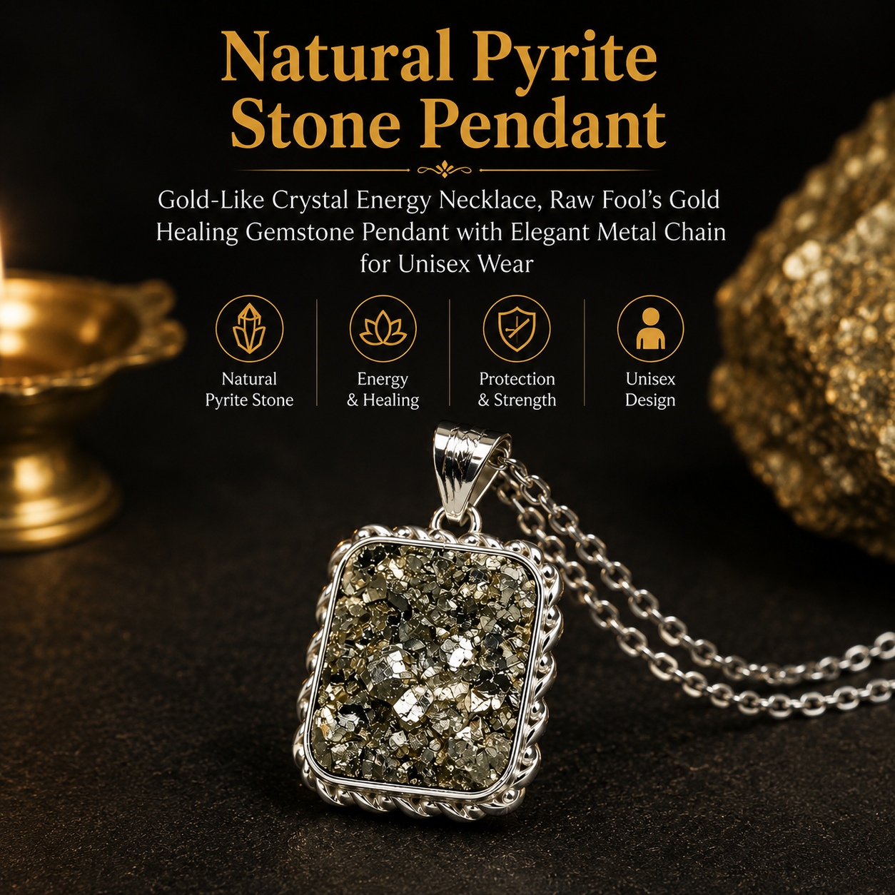 Natural Pyrite Stone Pendant – Gold-Like Crystal Energy Necklace, Raw Fool’s Gold Healing Gemstone Pendant with Elegant Metal Chain for Unisex Wear (Multi design)
