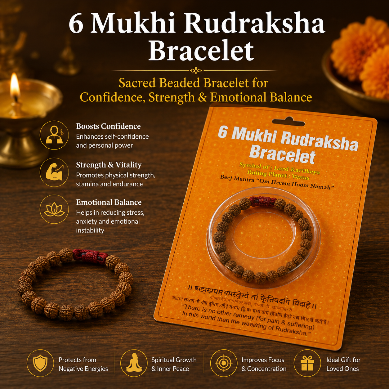 6 Mukhi Rudraksha Bracelet – Sacred Beaded Bracelet for Confidence, Strength & Emotional Balance