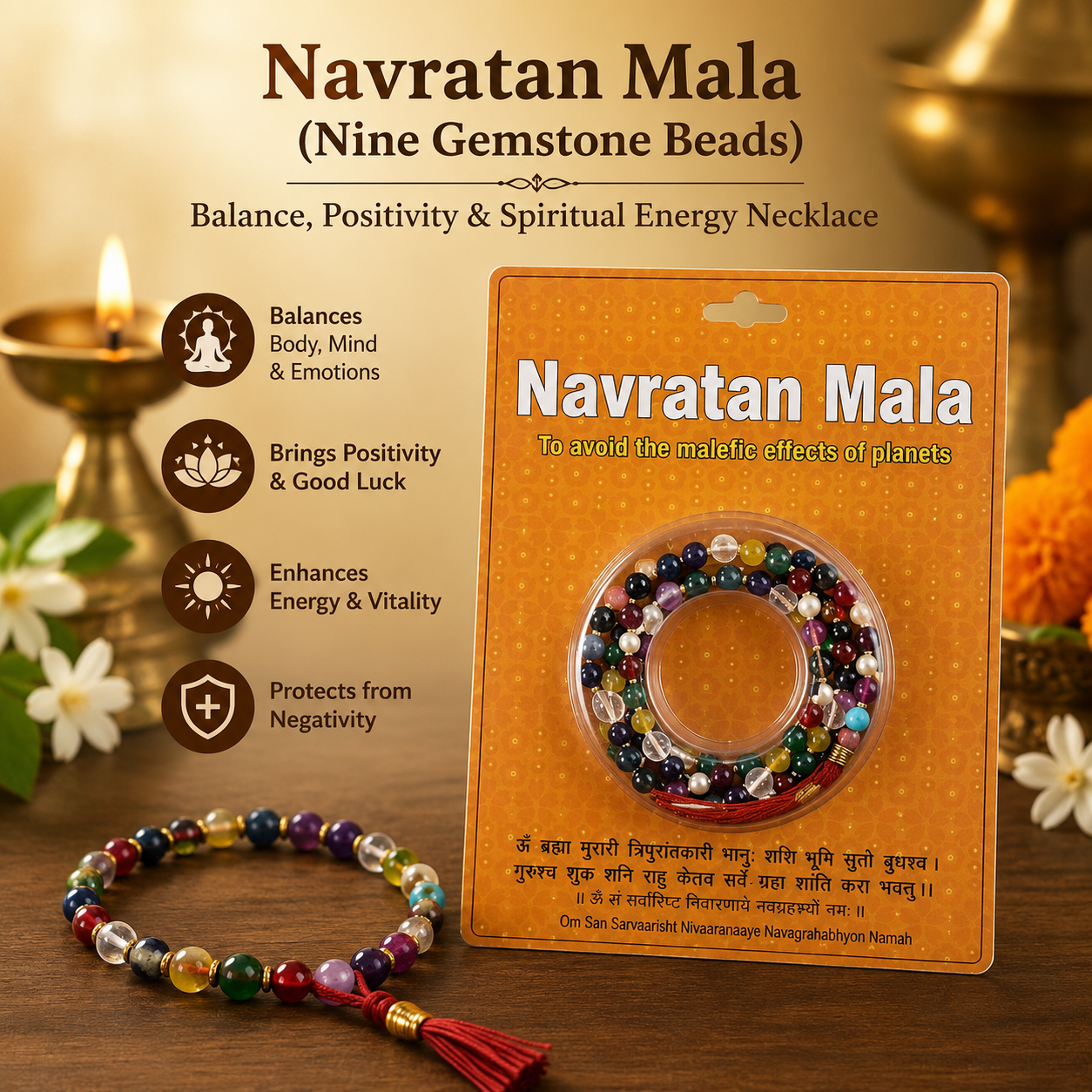 Navratan Mala (Nine Gemstone Beads) – Balance, Positivity & Spiritual Energy Necklace