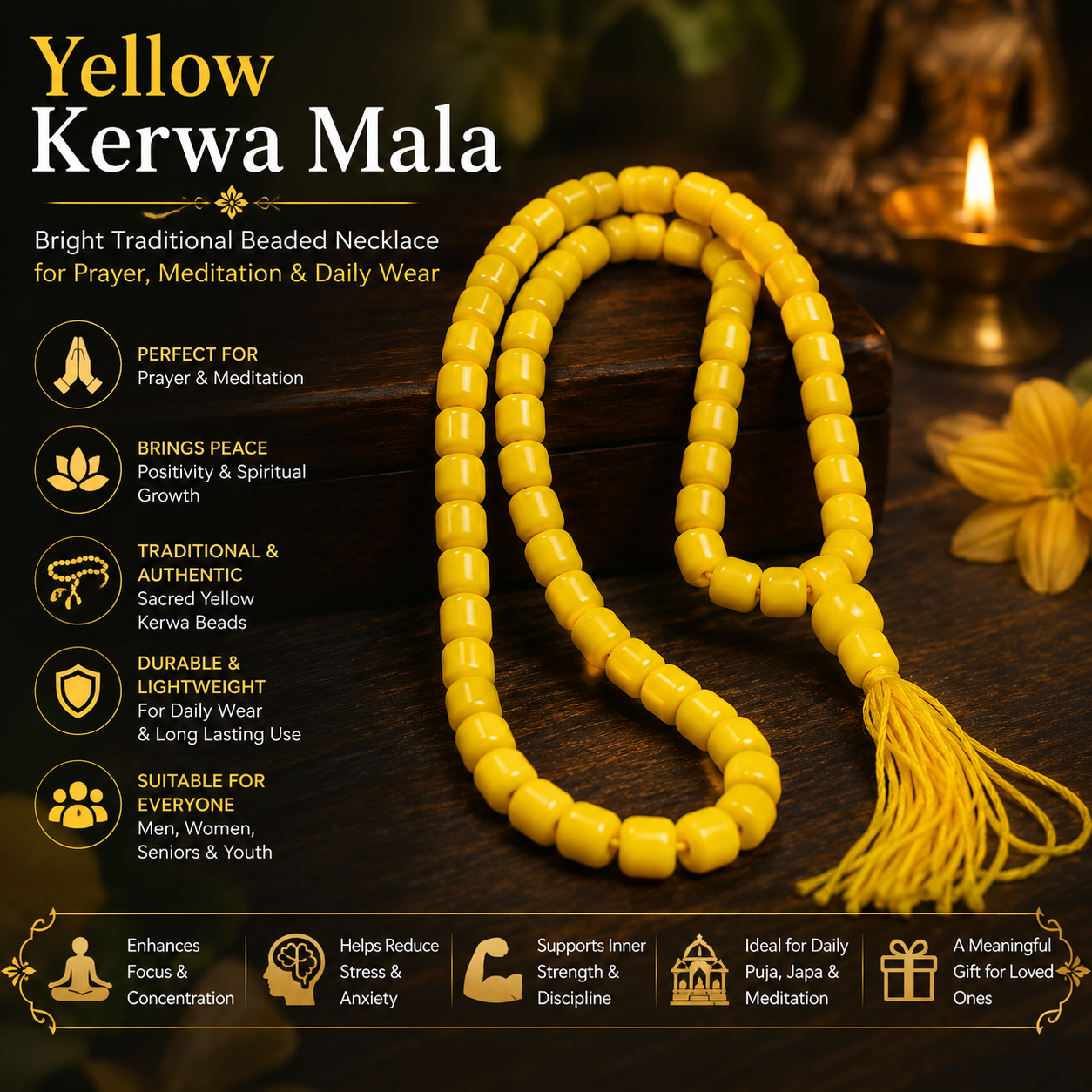 Yellow Kerwa Mala – Bright Traditional Beaded Necklace for Prayer, Meditation & Daily Wear