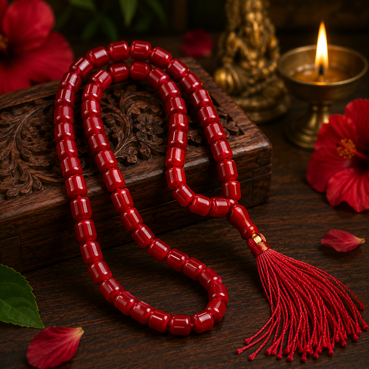 Red Kerwa Mala – Traditional Red Beaded Necklace for Prayer, Meditation & Daily Wear