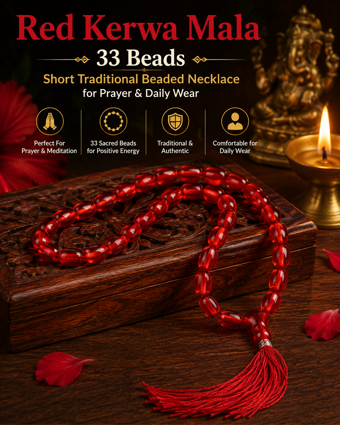 Red Kerwa Mala 33 Beads – Short Traditional Beaded Necklace for Prayer & Daily Wear