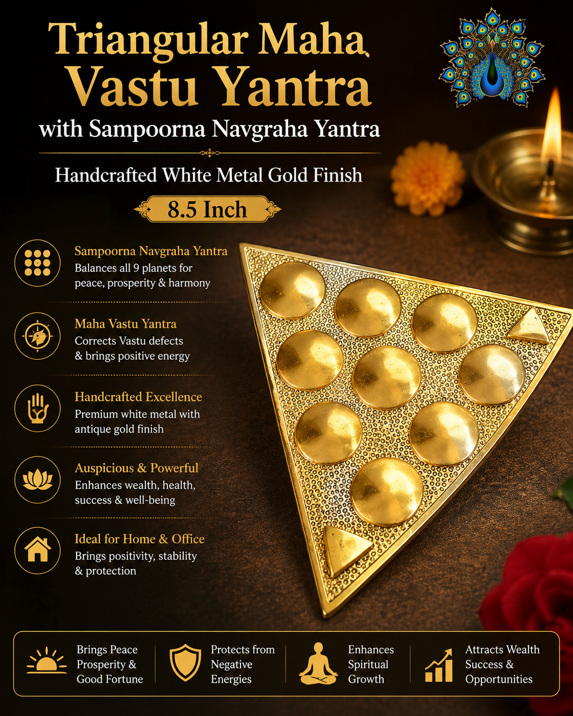 Triangular Maha Vastu Yantra with Sampoorna Navgraha Yantra – Handcrafted White Metal Gold Finish, 8.5 Inch