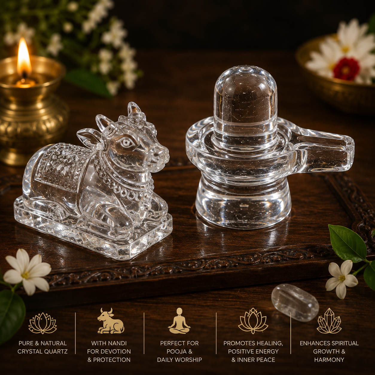Spatika Lingam (set) – Natural Crystal Quartz Shiva Lingam for Pooja, Healing & Positive Energy
