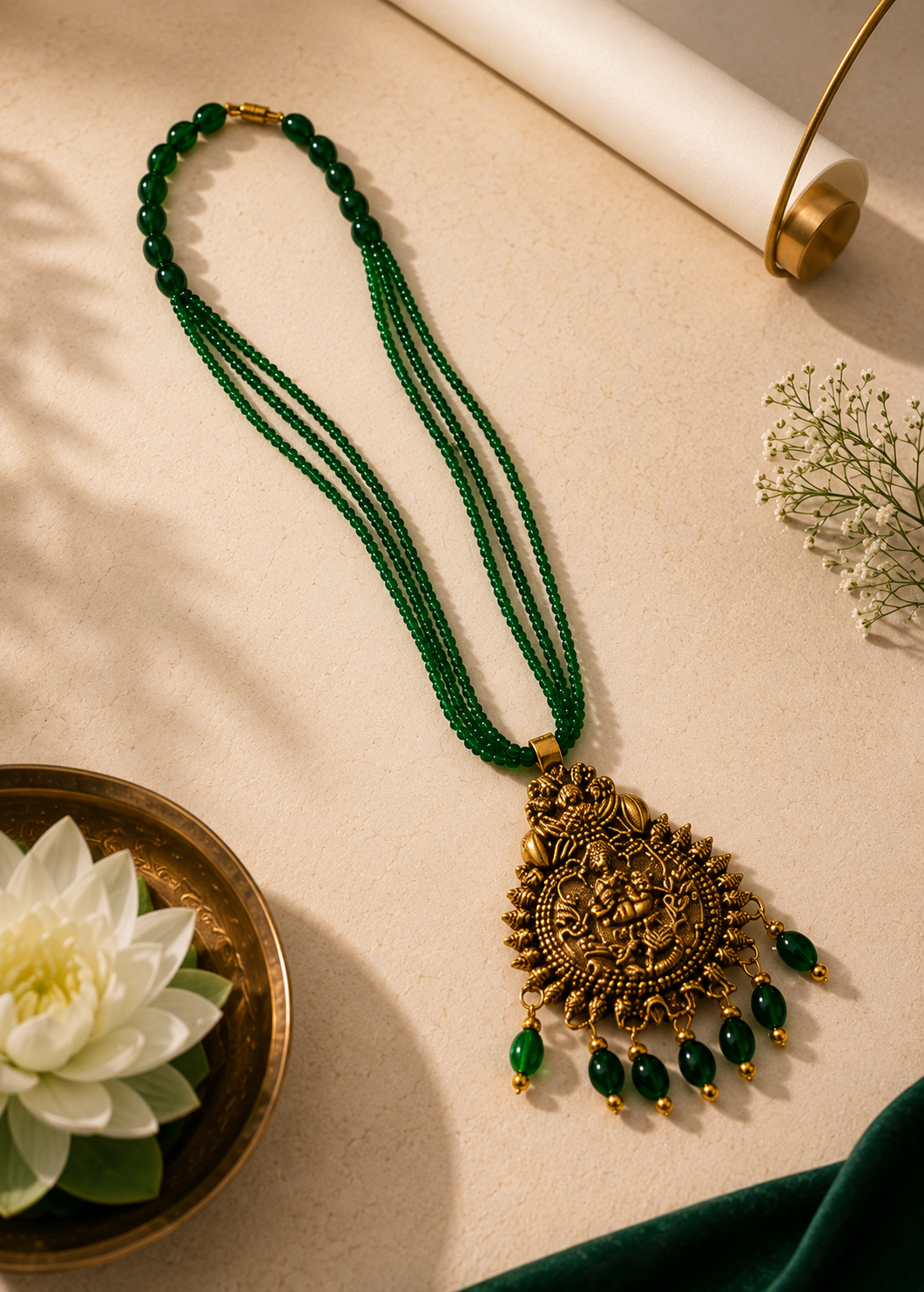 Green Hydro Crystal Mala with Ornate Gold Pendant