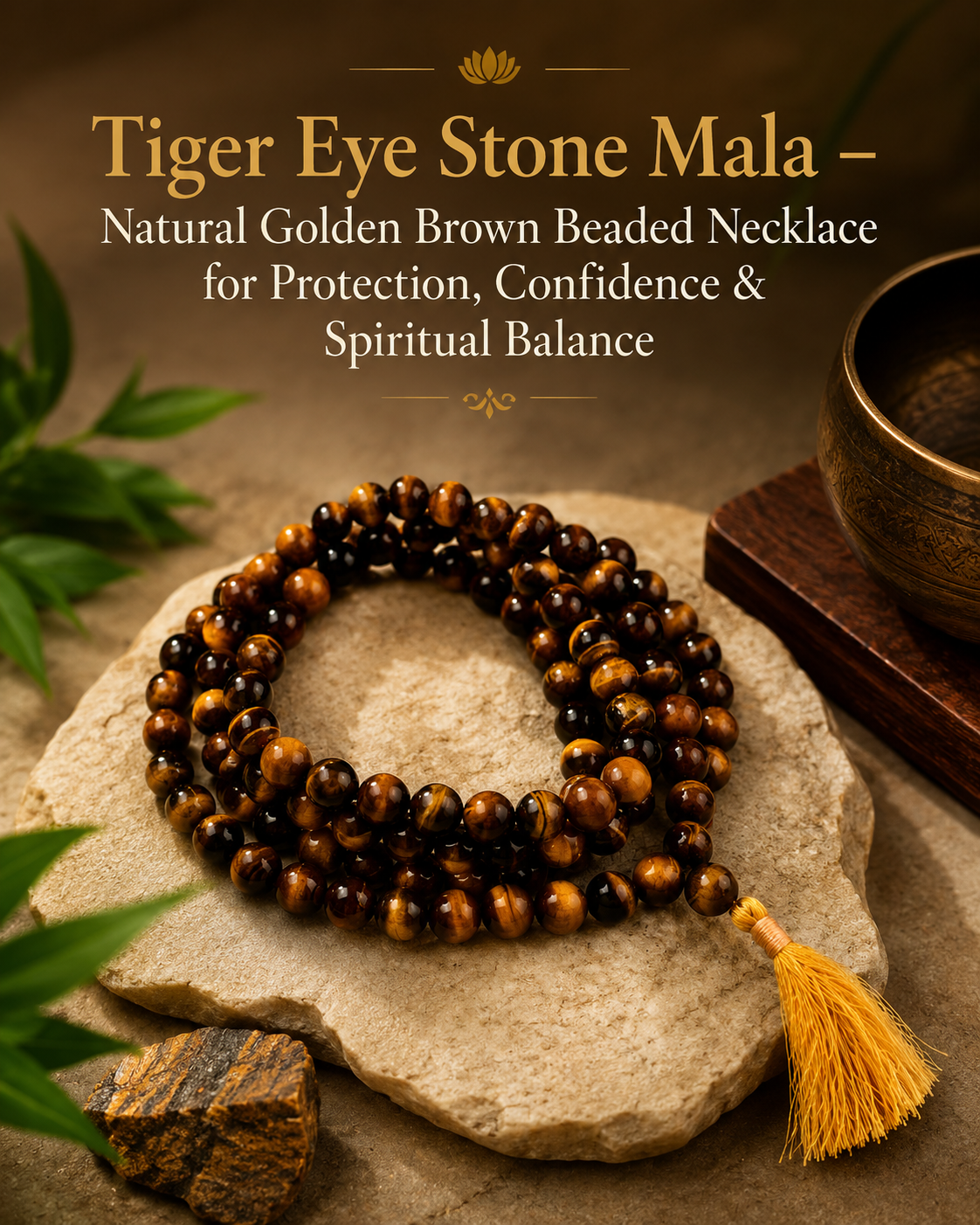 Tiger Eye Stone Mala – Natural Golden Brown Beaded Necklace for Protection, Confidence & Spiritual Balance
