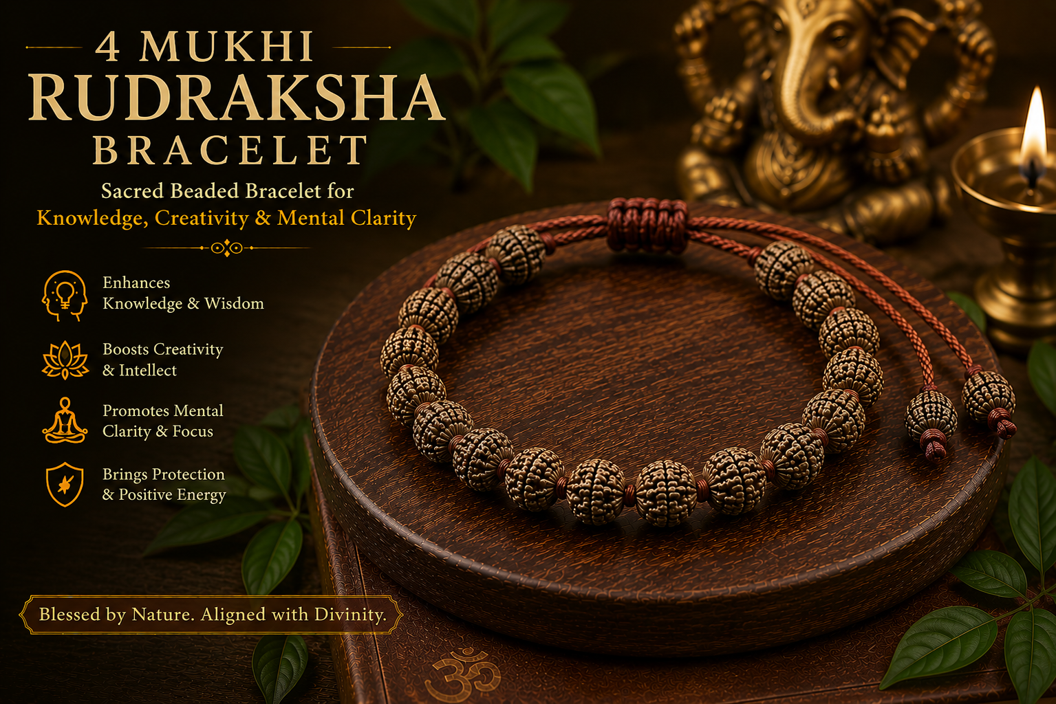 4 Mukhi Rudraksha Bracelet – Sacred Beaded Bracelet for Knowledge, Creativity & Mental Clarity