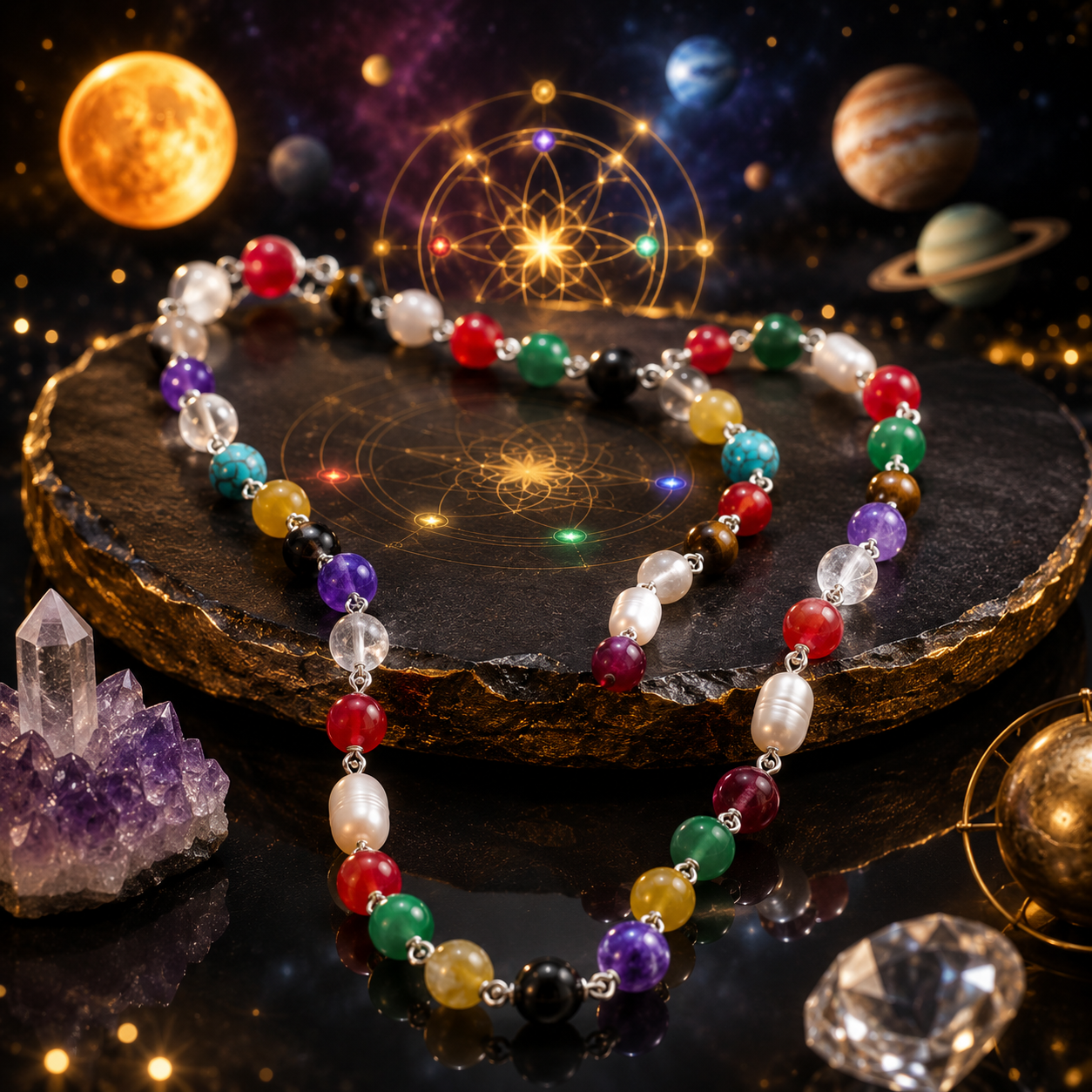 Navratan Mala – 9 Gemstone Beaded Necklace for Planetary Balance, Prosperity & Spiritual Protection
