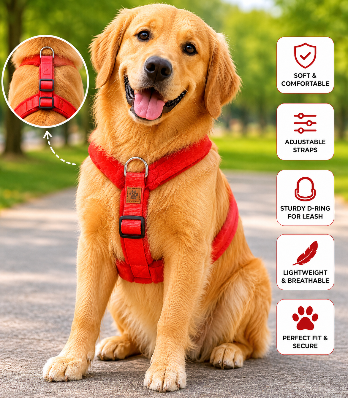 Petshop7 Nylon Fur Dog Harness With Buckle (Medium)- Red