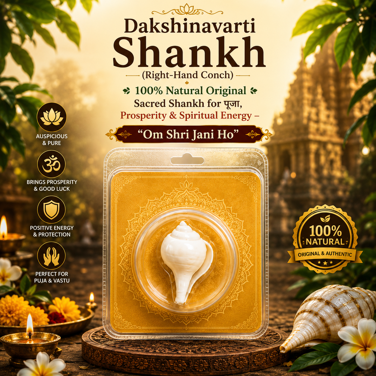 Dakshinavarti Shankh (Right-Hand Conch) – 100% Natural Original Sacred Shankh for पूजा, Prosperity & Spiritual Energy – “Om Shri Jani Ho”