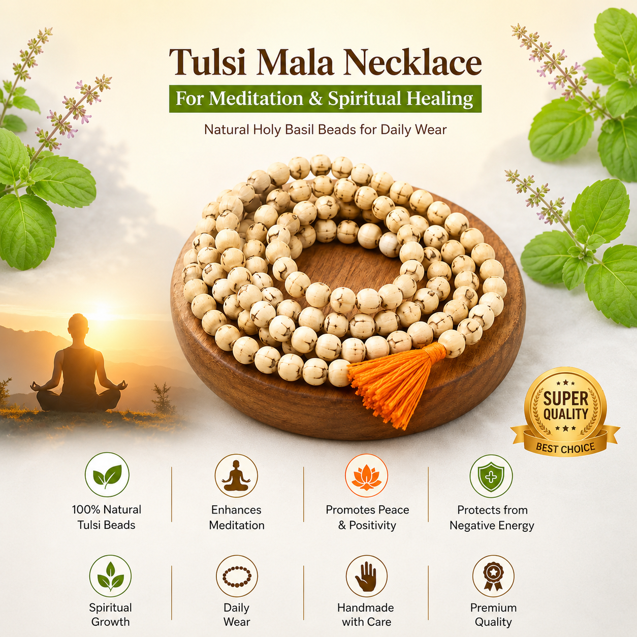 Tulsi Mala Necklace for Meditation & Spiritual Healing – Natural Holy Basil Beads for Daily Wear