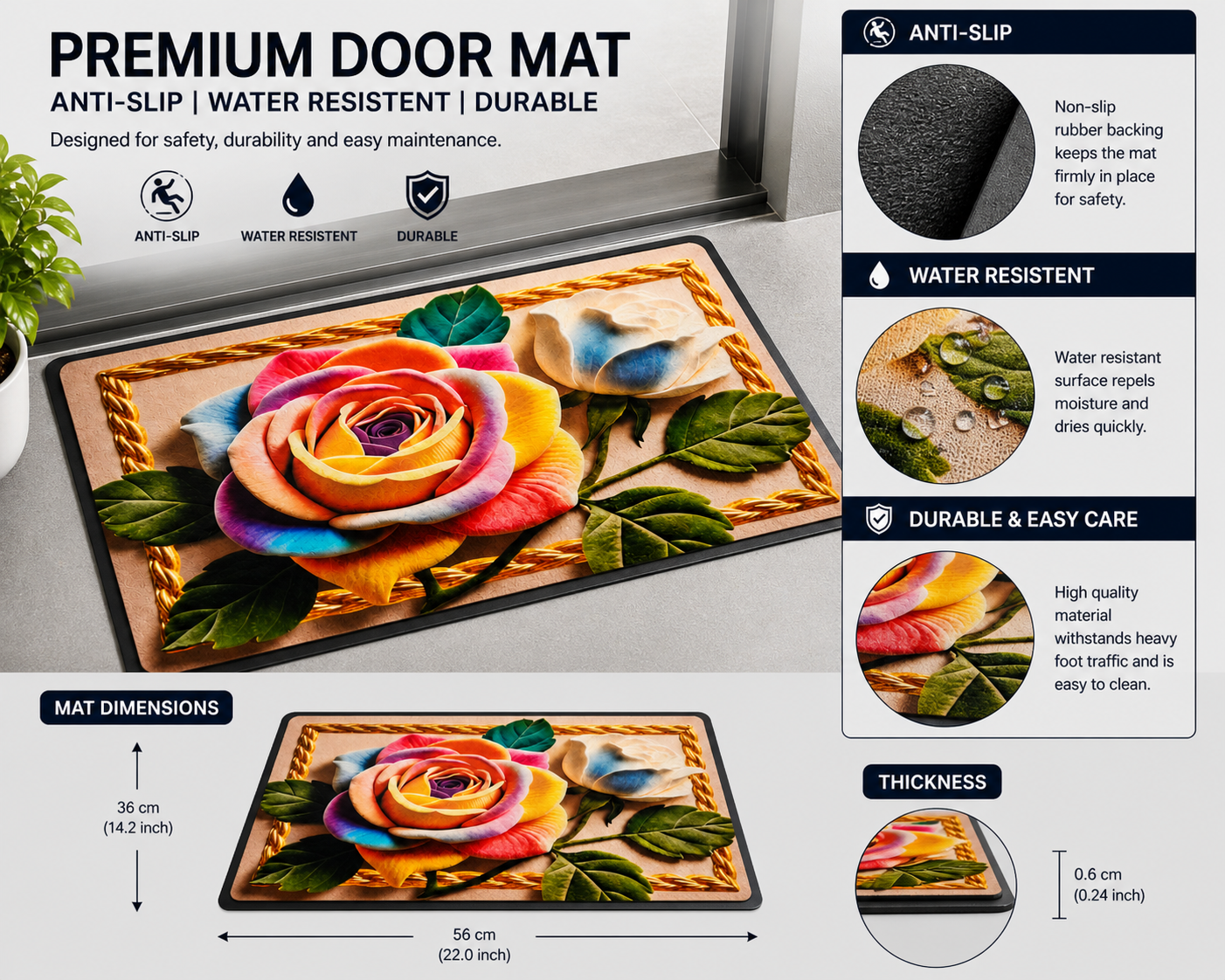 7D Multipurpose Mat – Design 3 | Non-Slip Absorbent Microfiber Rug | 36x56 cm