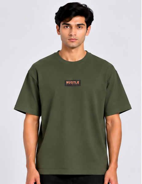 HUSTLE Men's Crew Neck Oversized T-Shirt – Deep Olive Green