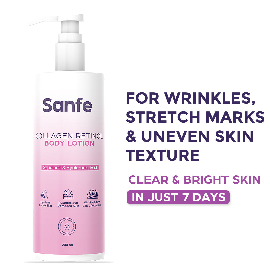 Sanfe Collagen Retinol Body Lotion For Skin Tightening, Firming, Stretch Marks, Wrinkles & Anti Aging Brighter, Soft Skin For Men & Women - 200ml
