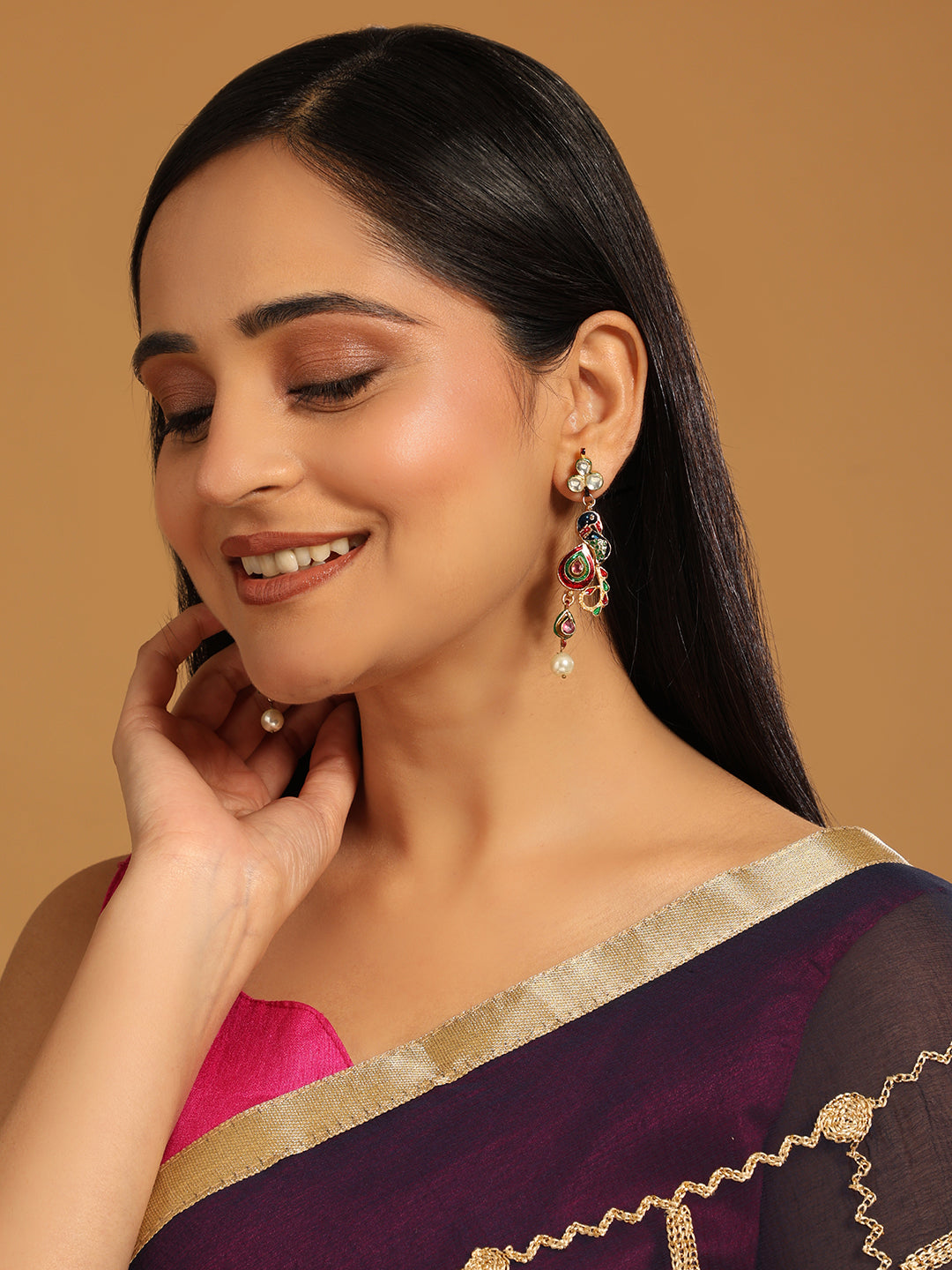 22K Gold Plated Pearl Kundan Studded Peacock Danglers