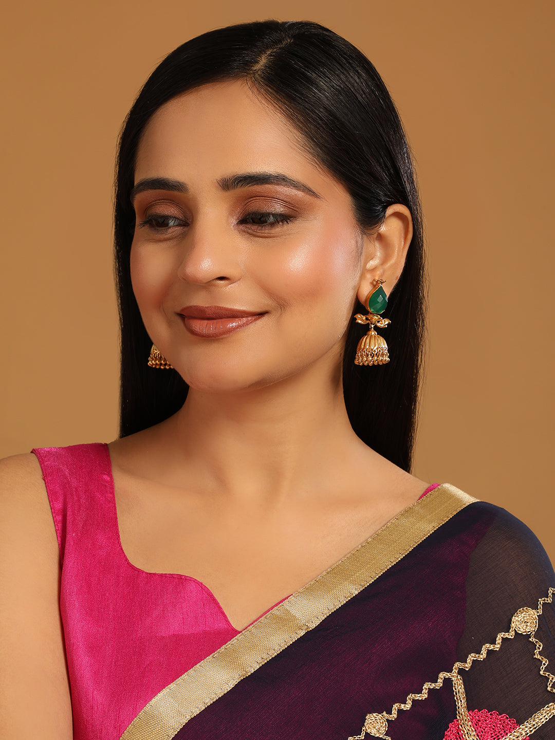 22K Gold Plated Emerald Stone Studded Ethnic Jhumkas