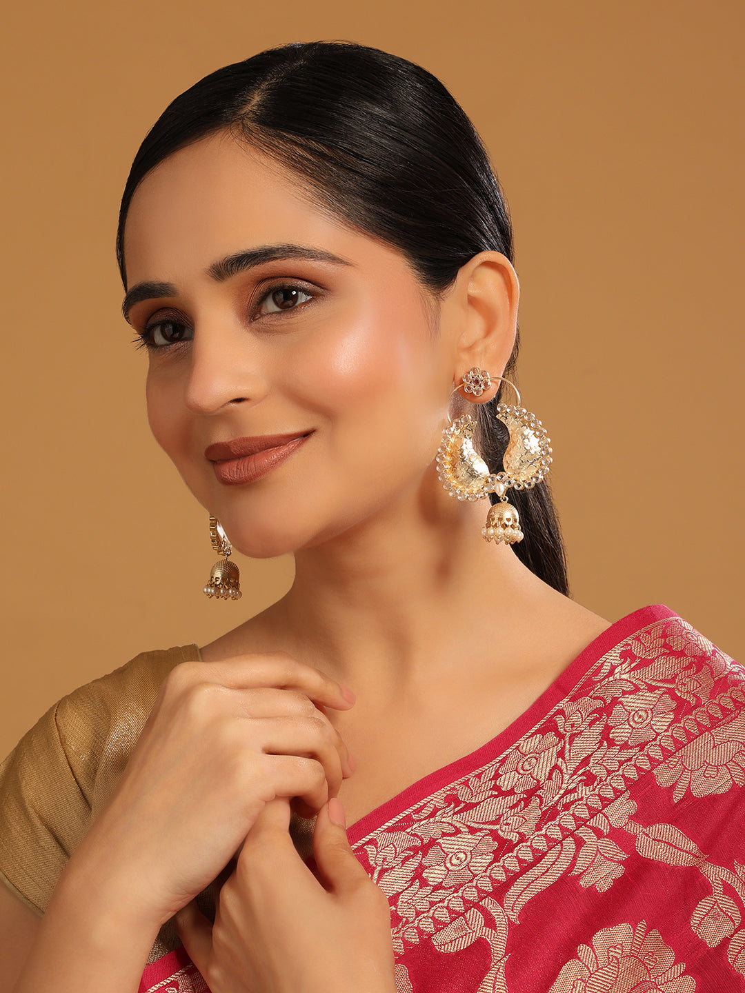 22K Gold Plated White Stone Studded Jhumki Dangler Earrings