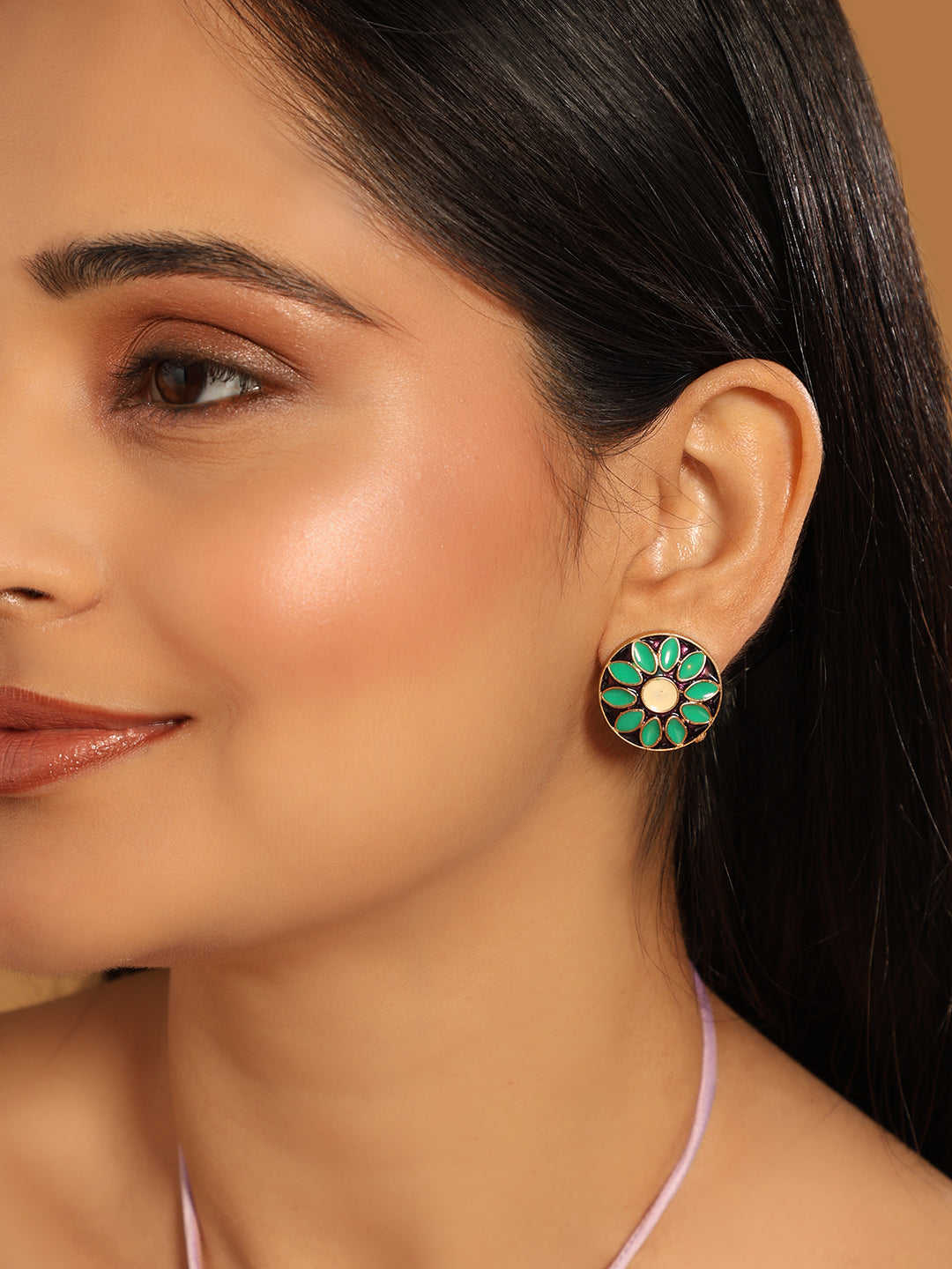 22K Gold Plated Sea Green Enamel Stud Earrings