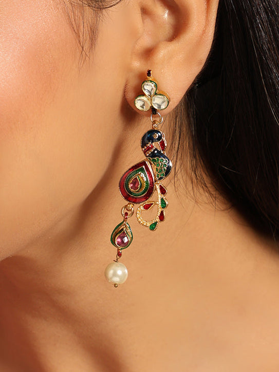 22K Gold Plated Pearl Kundan Studded Peacock Danglers