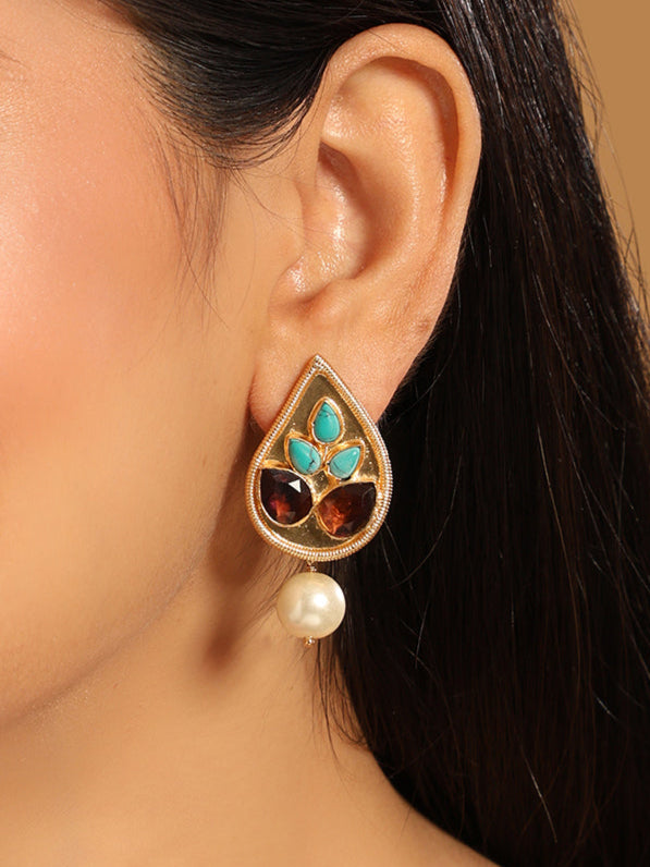 22K Gold Plated Faux Turquoise Pearl Drop Stud Earrings